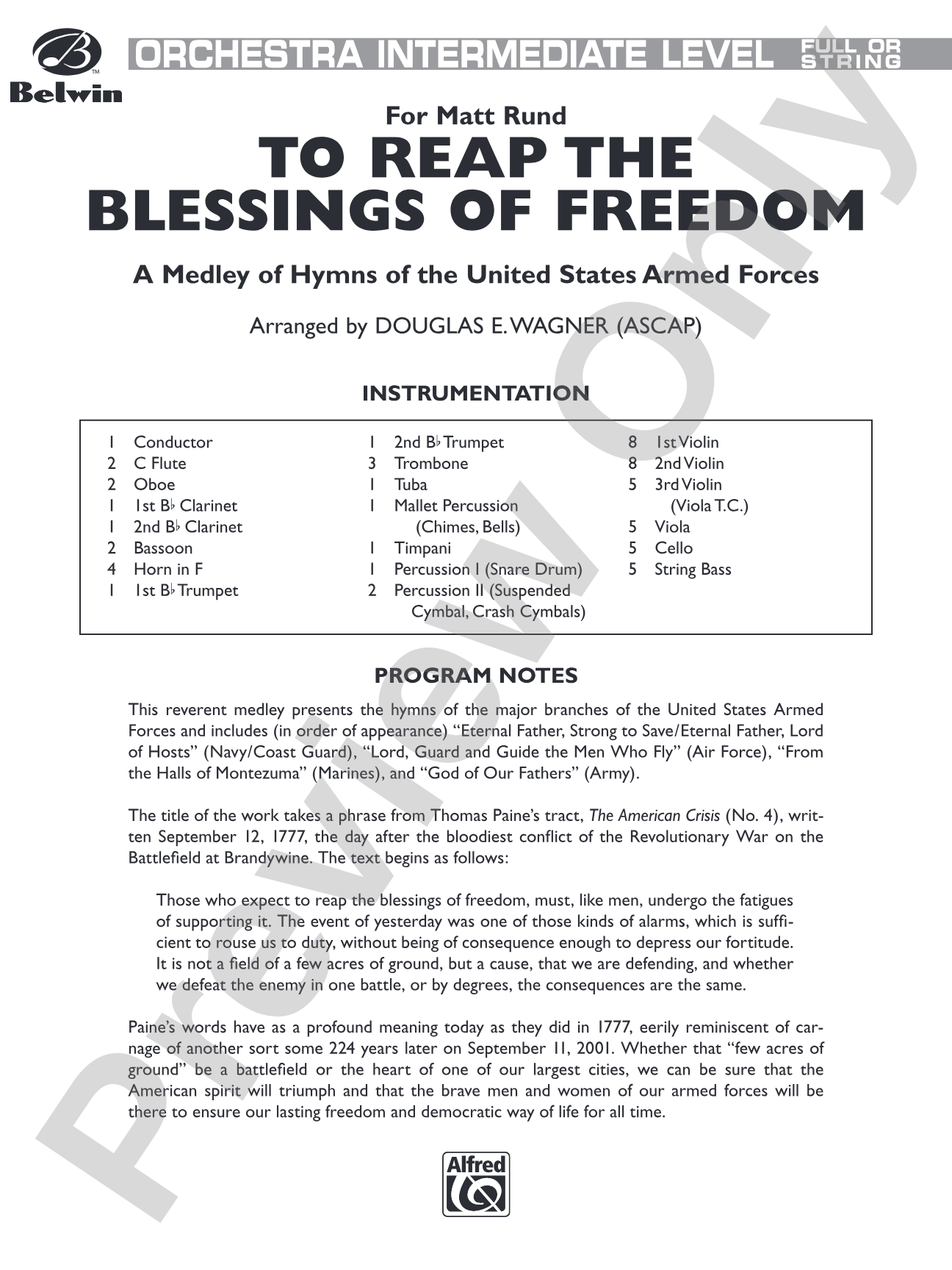 To Reap the Blessings of Freedom (A Medley of Hymns of the United States Armed Forces): Full Orchestra Conductor Score & Parts