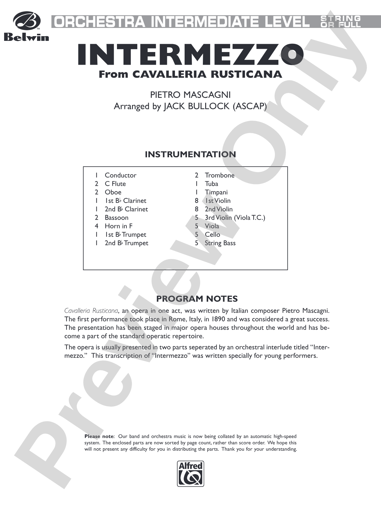 Intermezzo (from Cavalleria Rusticana): Full Orchestra Conductor Score & Parts