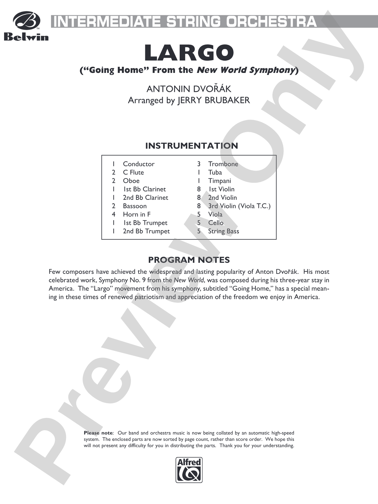 Largo ("Going Home" from the New World Symphony): Full Orchestra Conductor Score & Parts