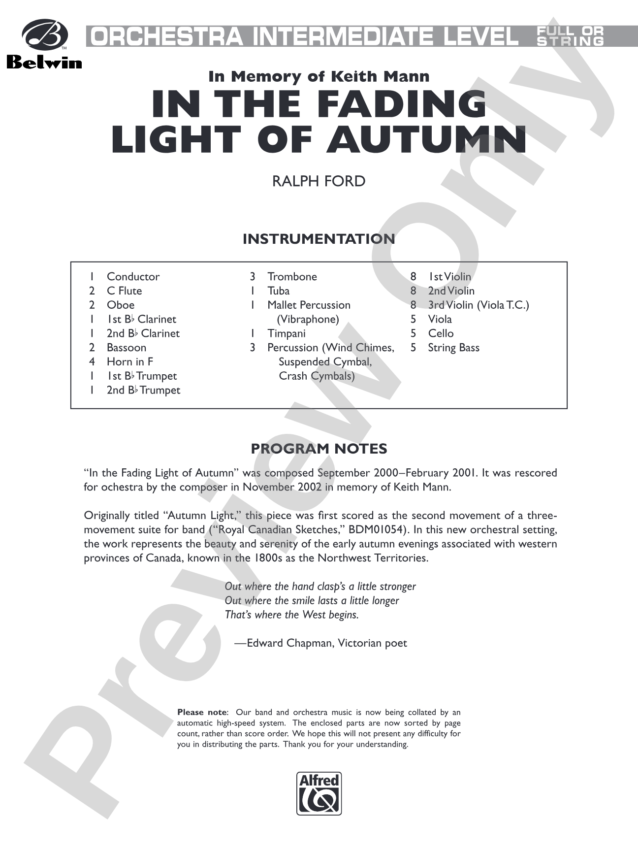 In the Fading Light of Autumn: Full Orchestra Conductor Score & Parts