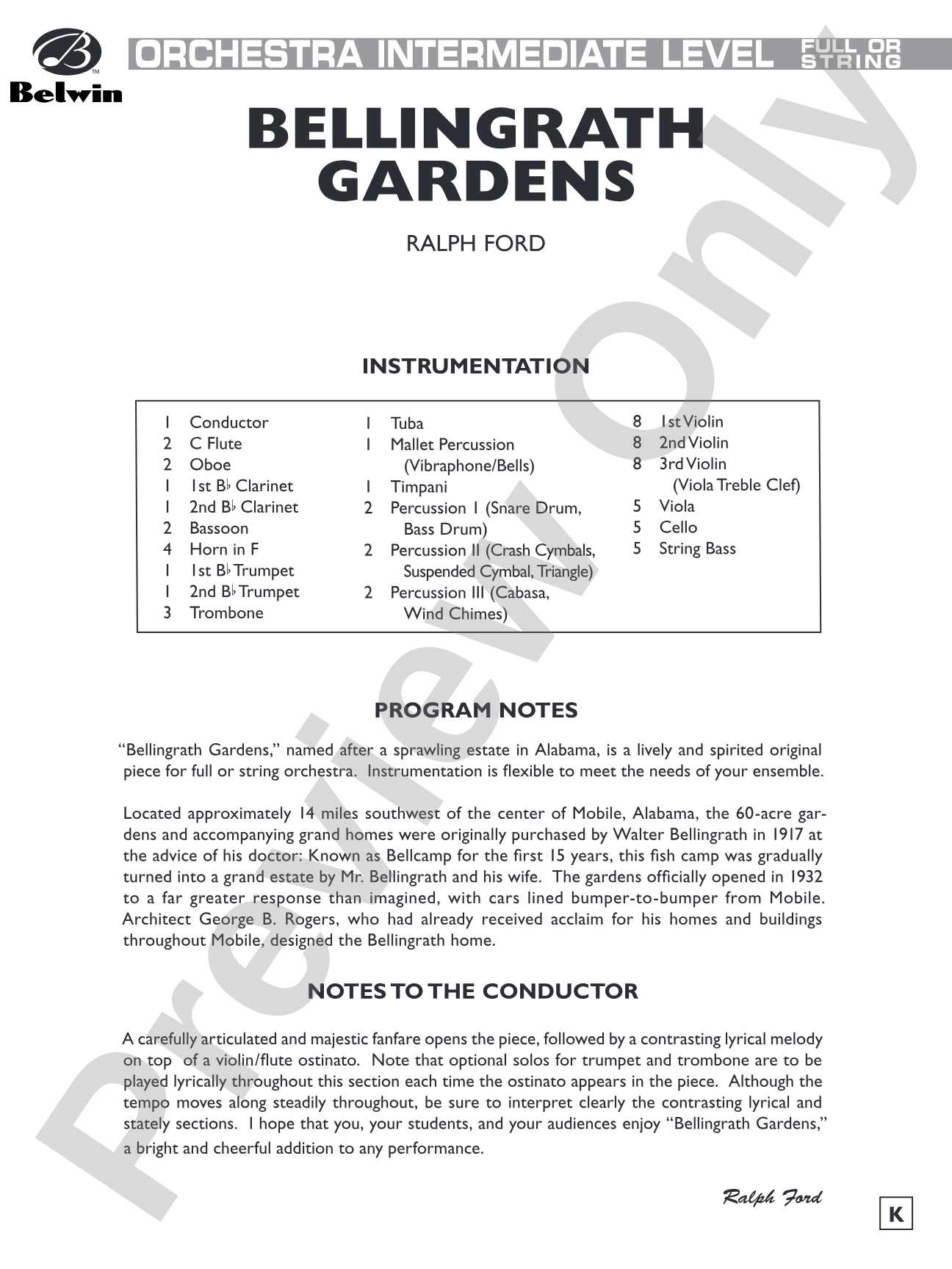 Bellingrath Gardens: Full Orchestra Conductor Score & Parts