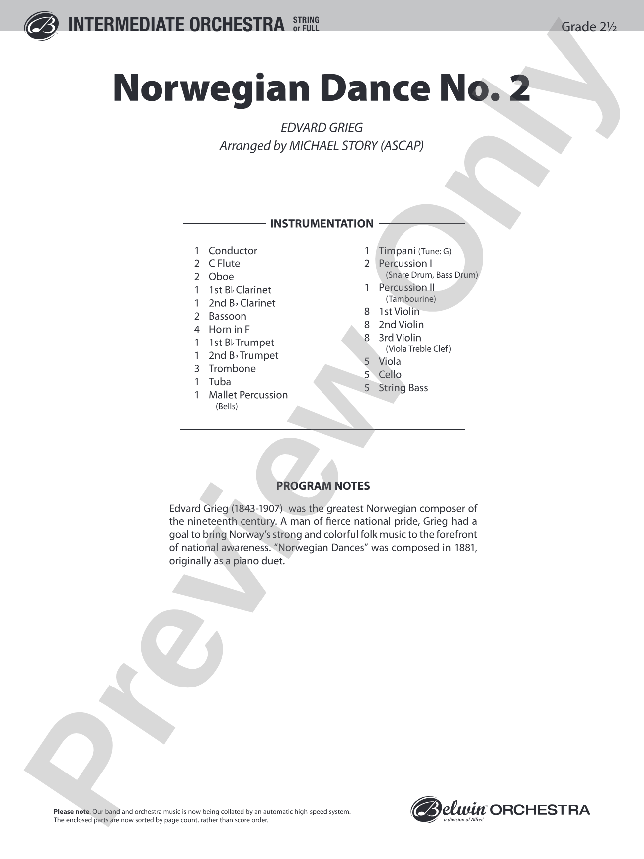 Norwegian Dance No. 2: Full Orchestra Conductor Score & Parts