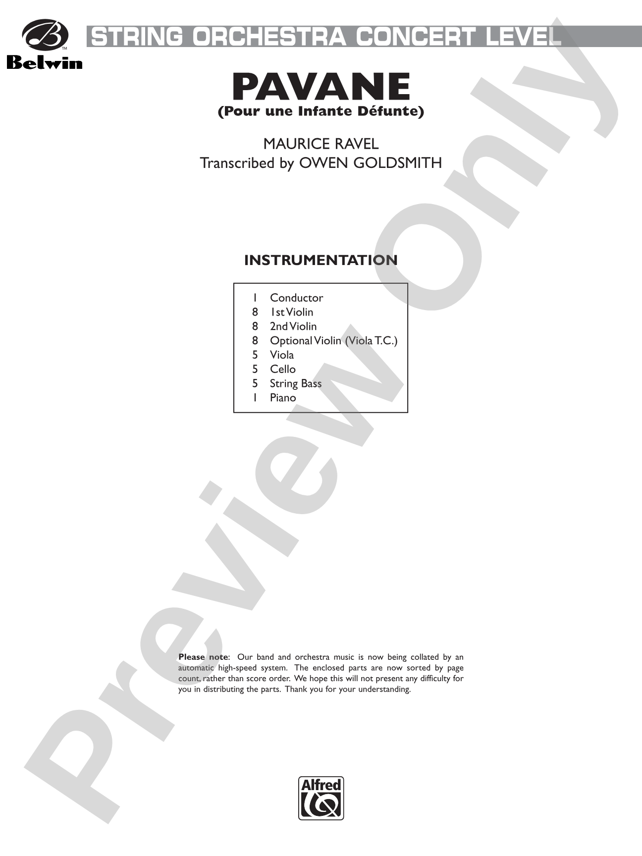 Pavane: String Orchestra Conductor Score & Parts