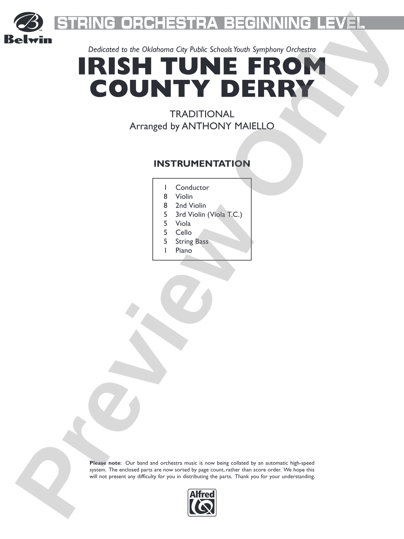 Irish Tune from County Derry: String Orchestra Conductor Score & Parts