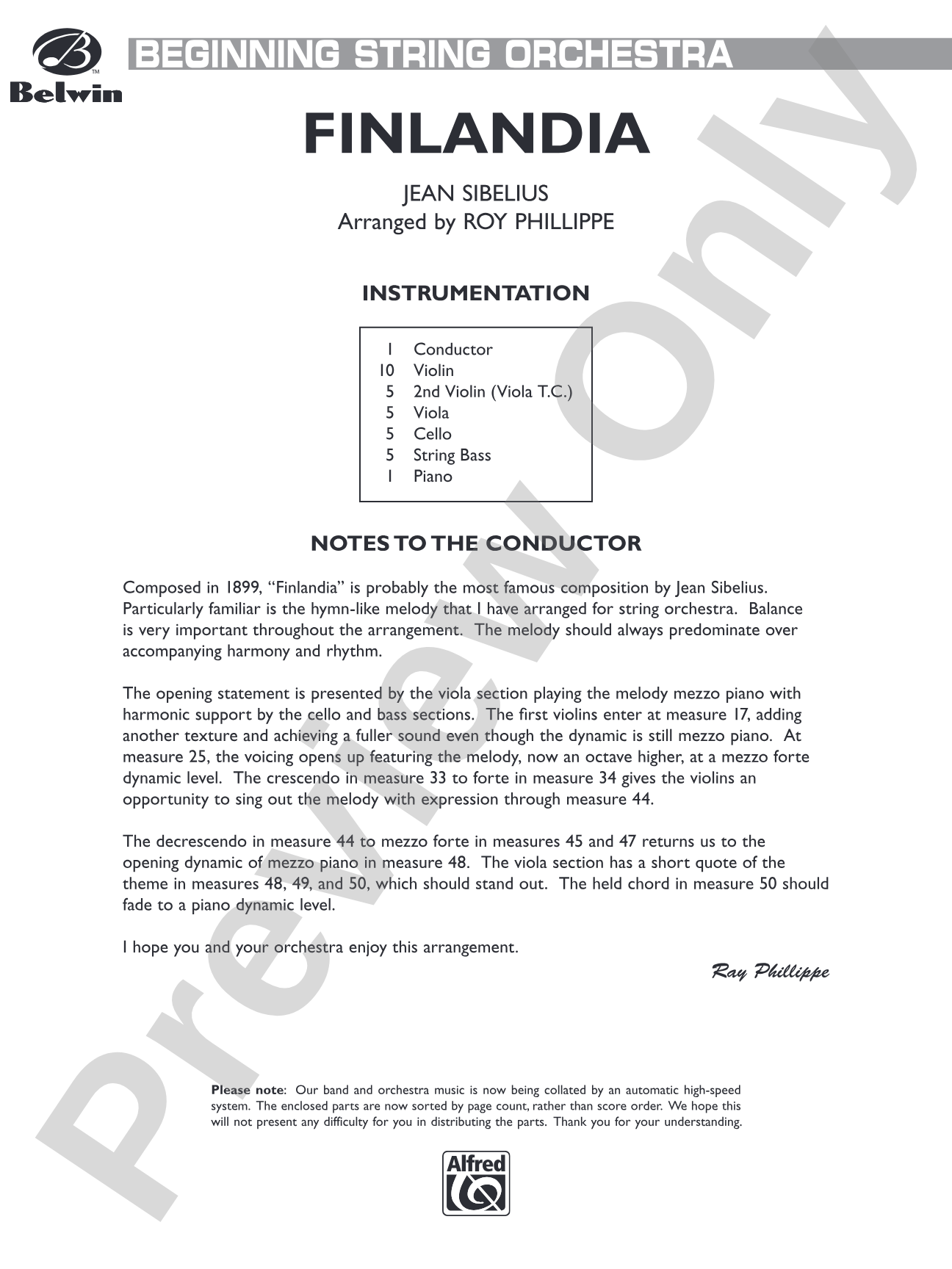 Finlandia: String Orchestra Conductor Score & Parts