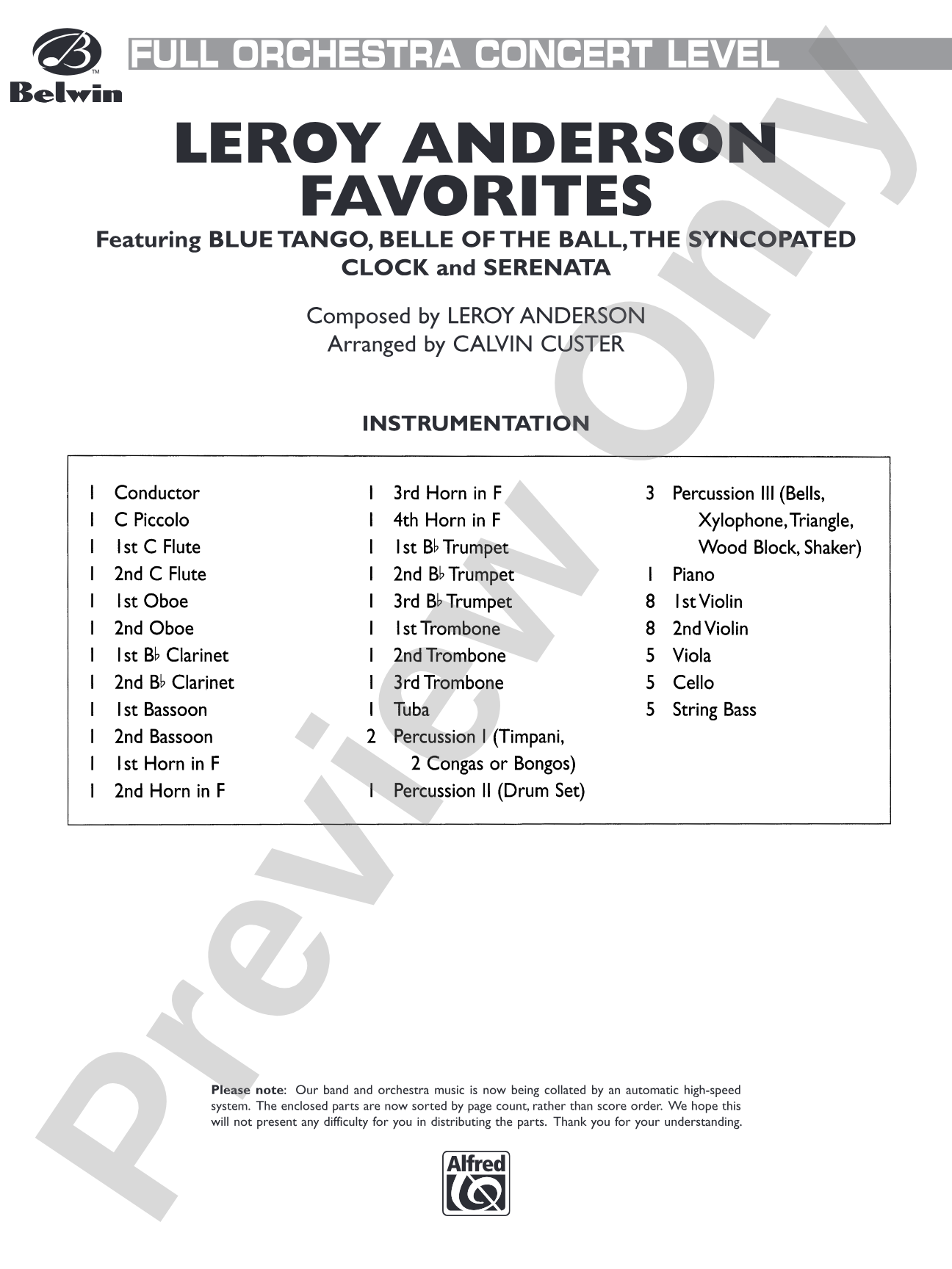 Leroy Anderson Favorites: Full Orchestra Conductor Score & Parts