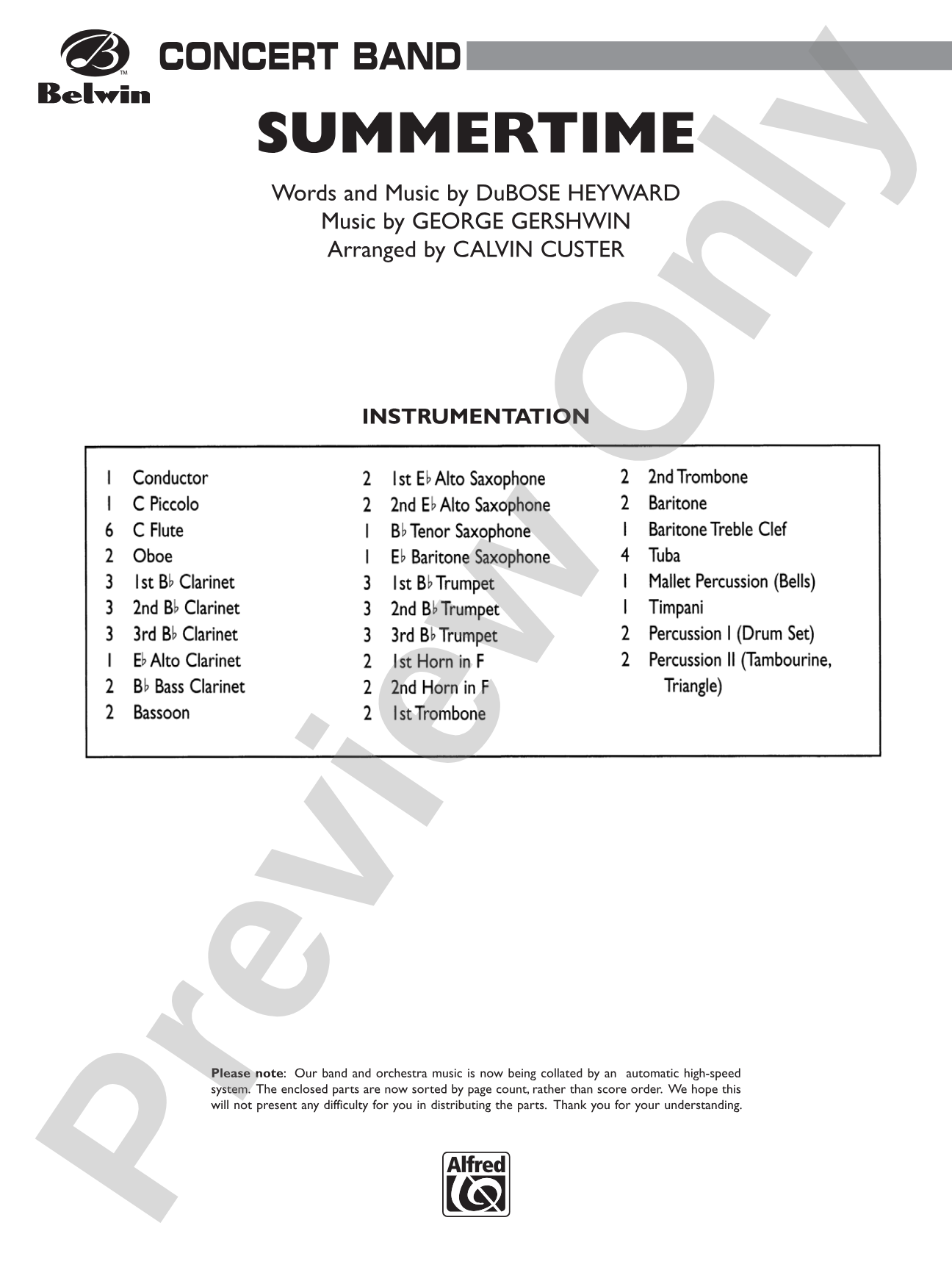 Summertime: Concert Band Conductor Score & Parts
