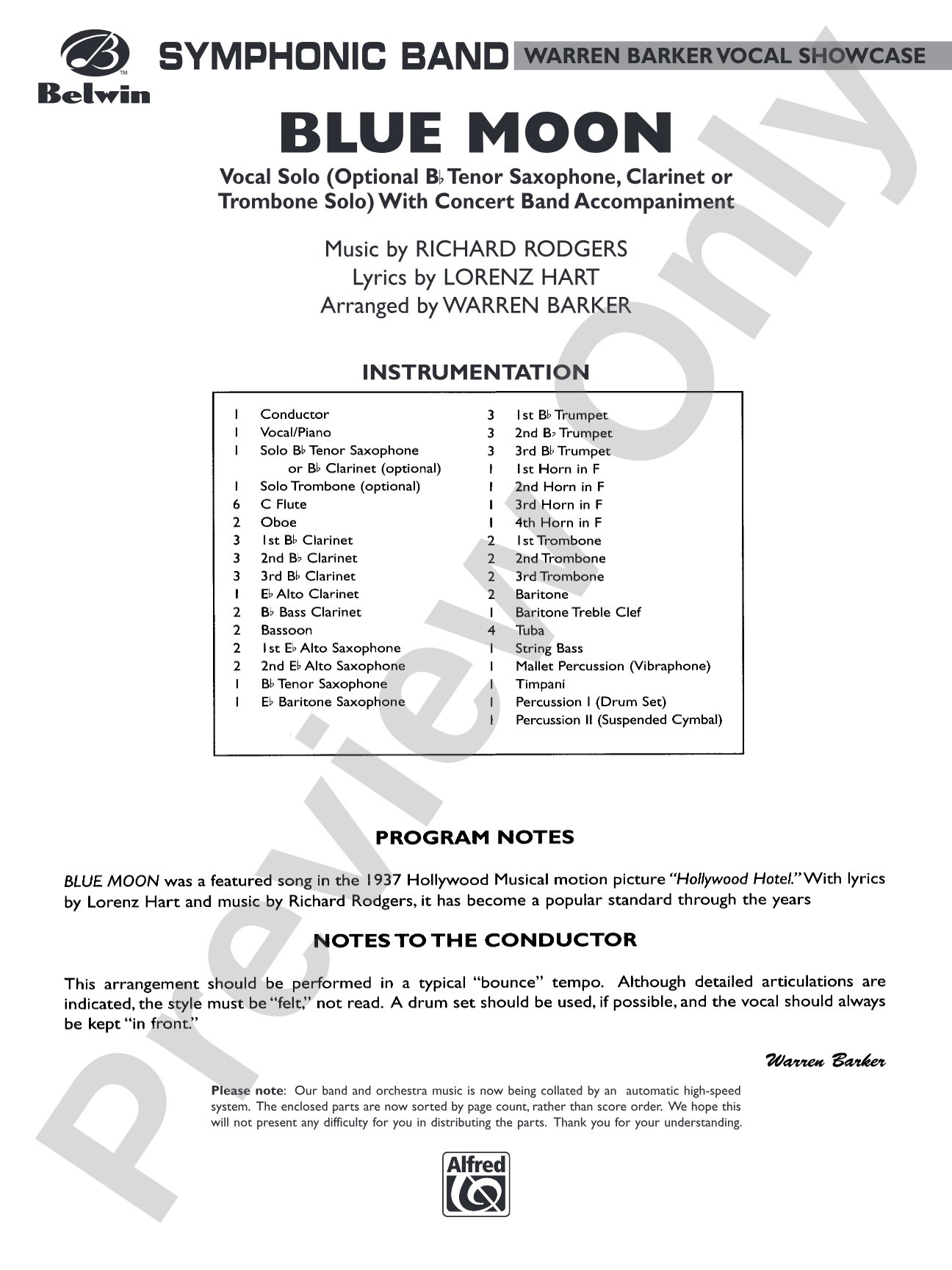 Blue Moon: Concert Band Conductor Score & Parts
