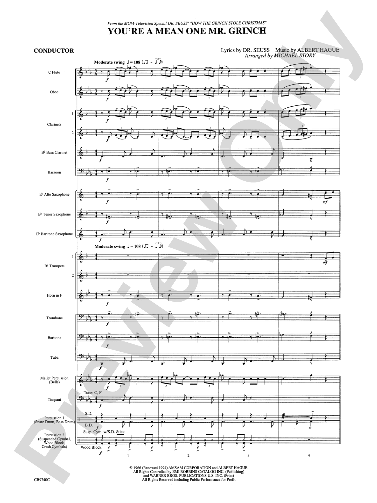 You're a Mean One, Mr. Grinch: Concert Band Conductor Score & Parts