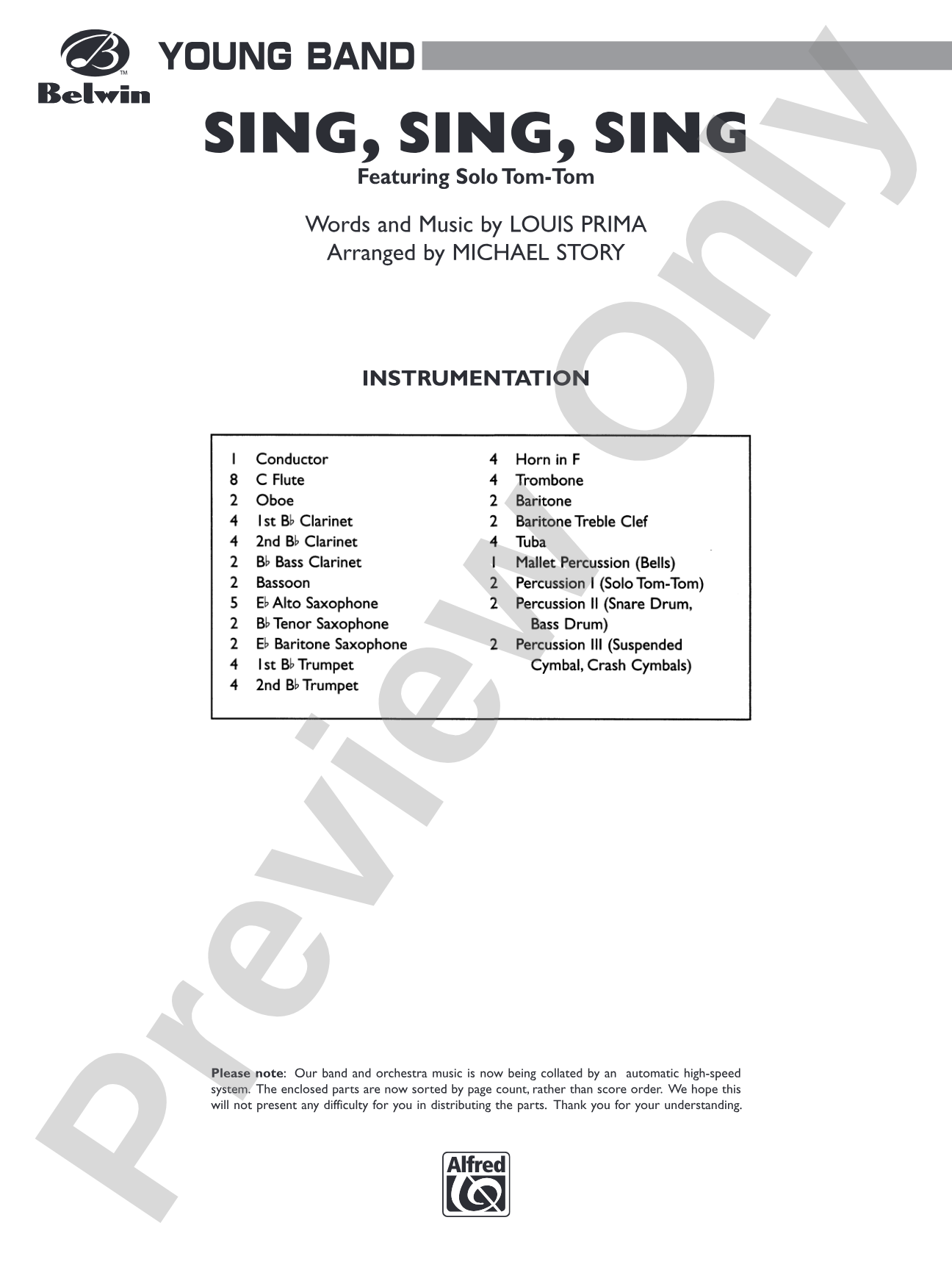 Sing, Sing, Sing (featuring Solo Tom-Tom): Concert Band Conductor Score & Parts