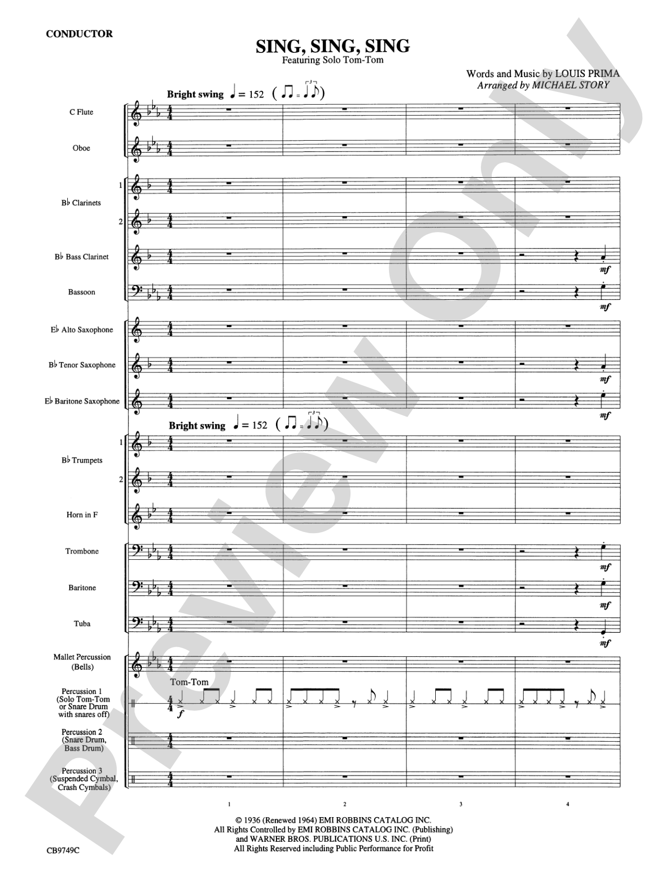 Sing, Sing, Sing (featuring Solo Tom-Tom): Concert Band Conductor Score & Parts