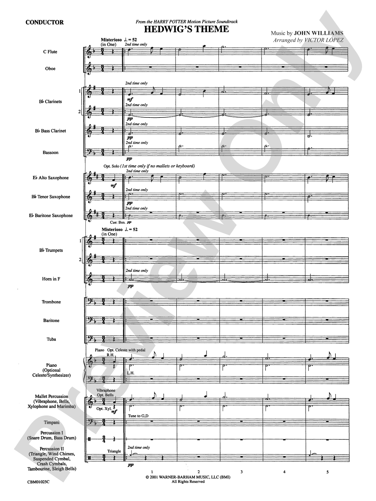 Hedwig's Theme (from Harry Potter): Concert Band Conductor Score & Parts