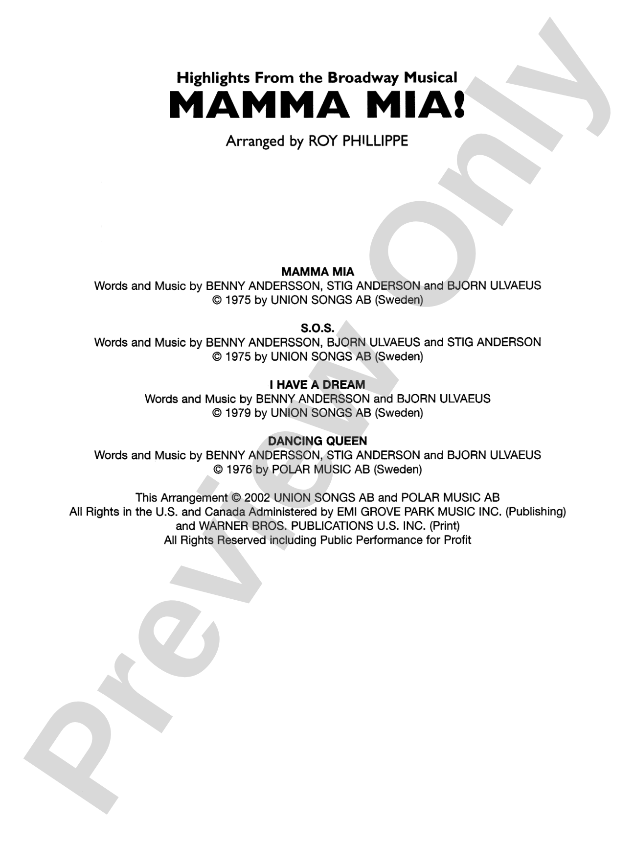 Mamma Mia! -- Highlights from the Broadway Musical: Concert Band Conductor Score & Parts