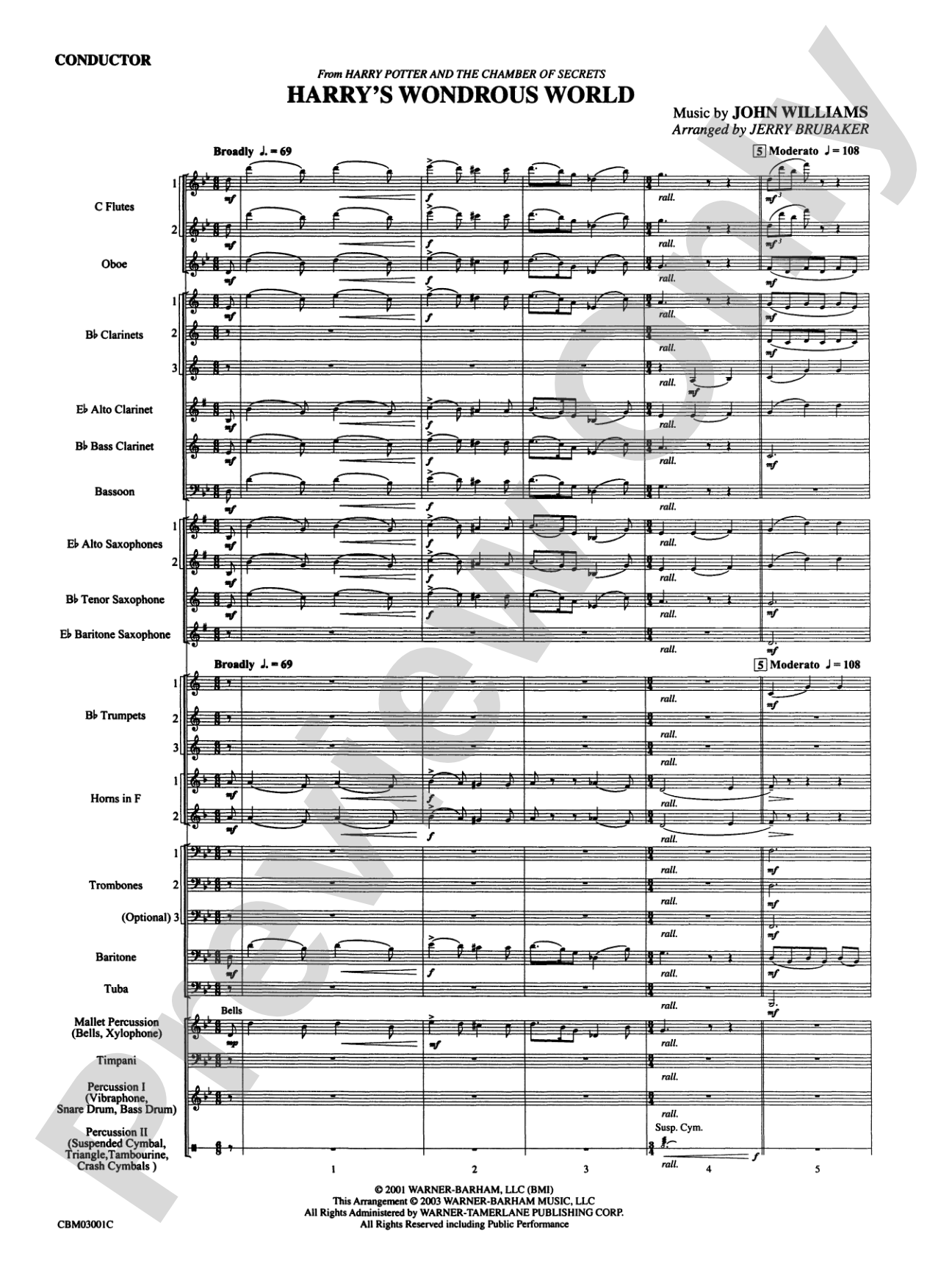 Harry's Wondrous World (from Harry Potter and the Chamber of Secrets): Concert Band Conductor Score & Parts