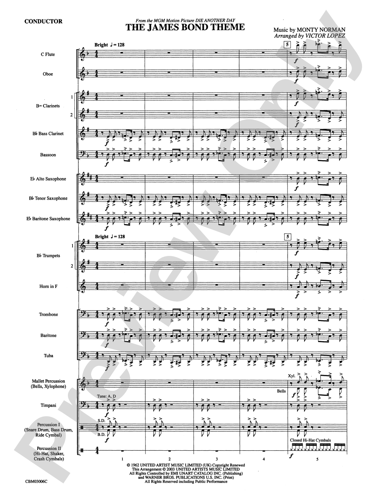 The James Bond Theme (from Die Another Day): Concert Band Conductor Score & Parts