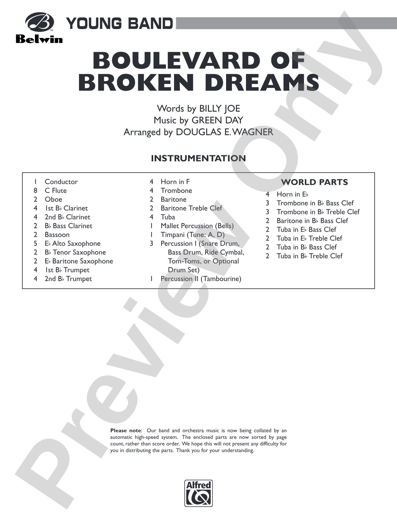 Boulevard of Broken Dreams: Concert Band Conductor Score & Parts