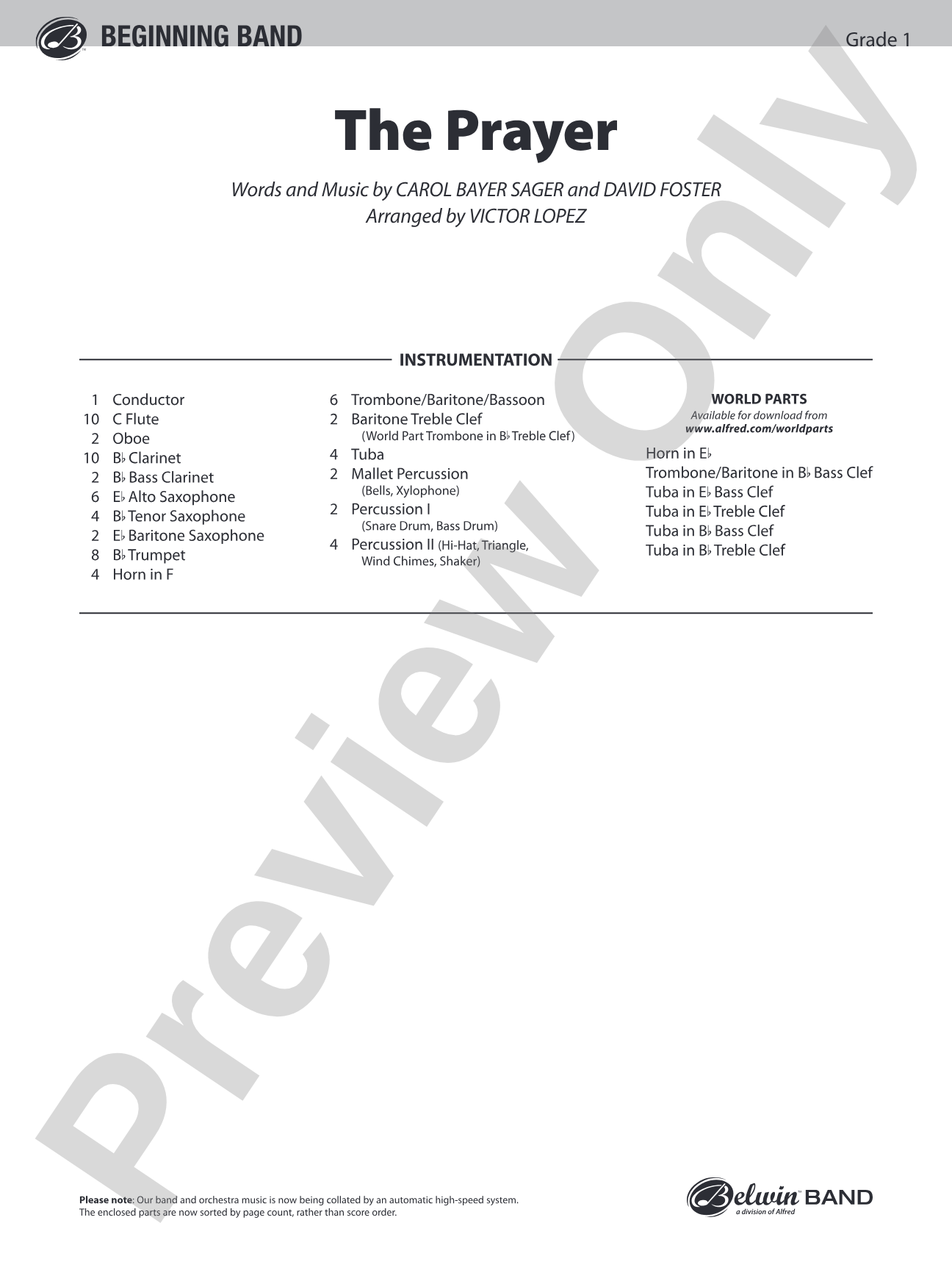 The Prayer: Concert Band Conductor Score & Parts