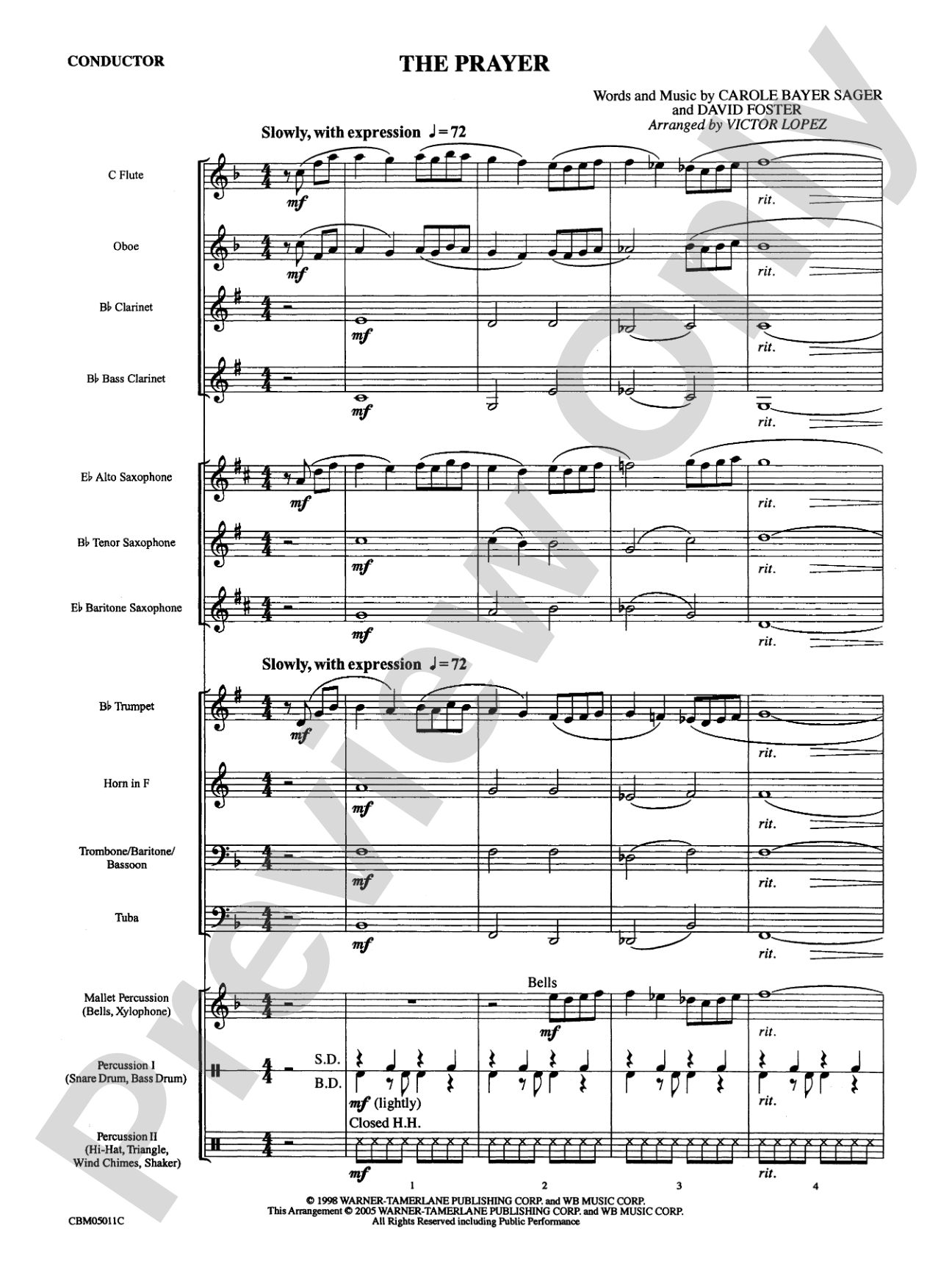 The Prayer: Concert Band Conductor Score & Parts