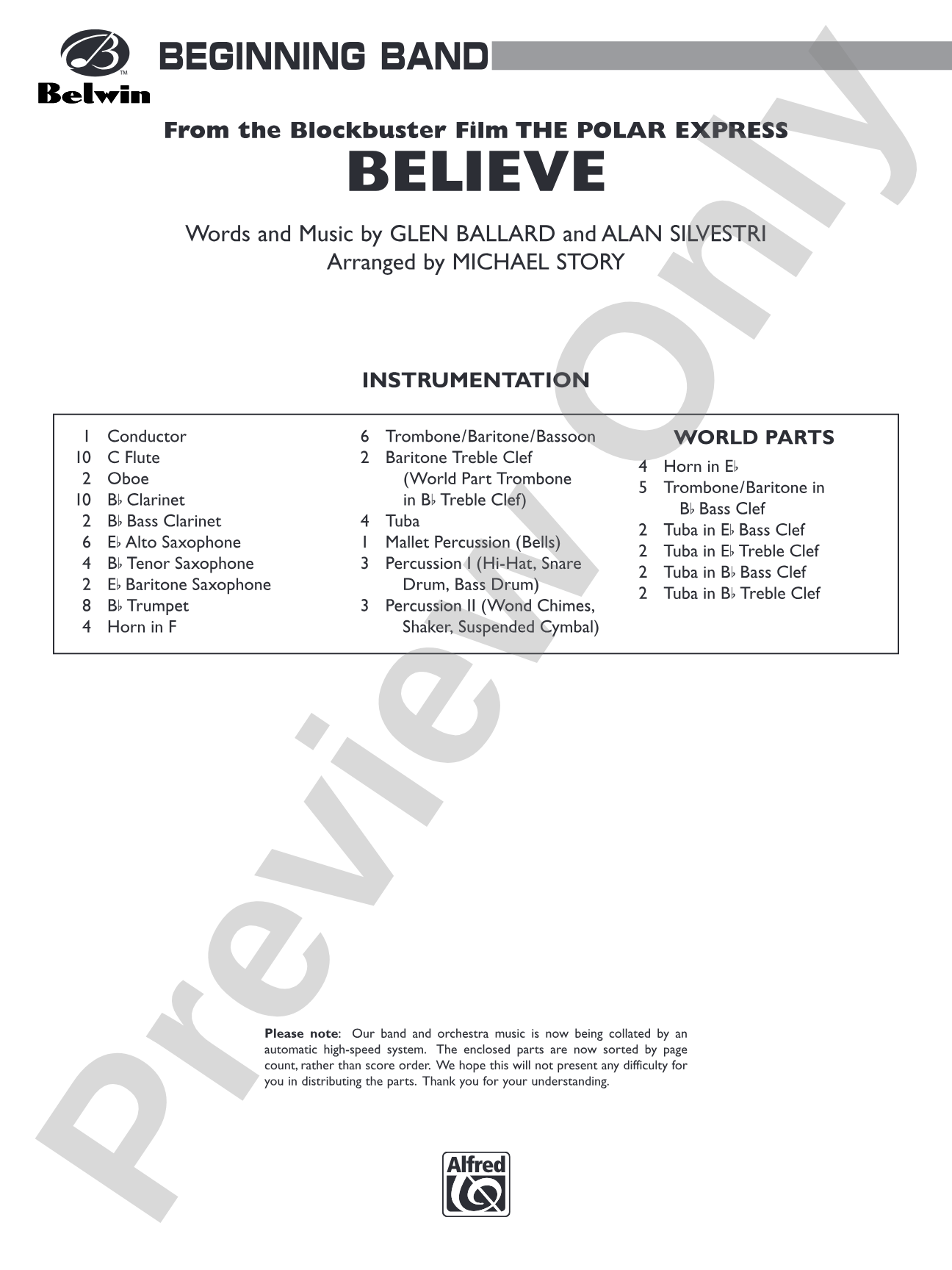 Believe (from The Polar Express): Concert Band Conductor Score & Parts