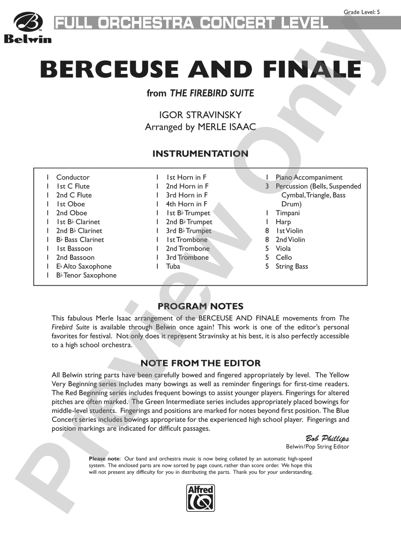 Berceuse and Finale (from the Firebird Suite): Full Orchestra Conductor Score & Parts