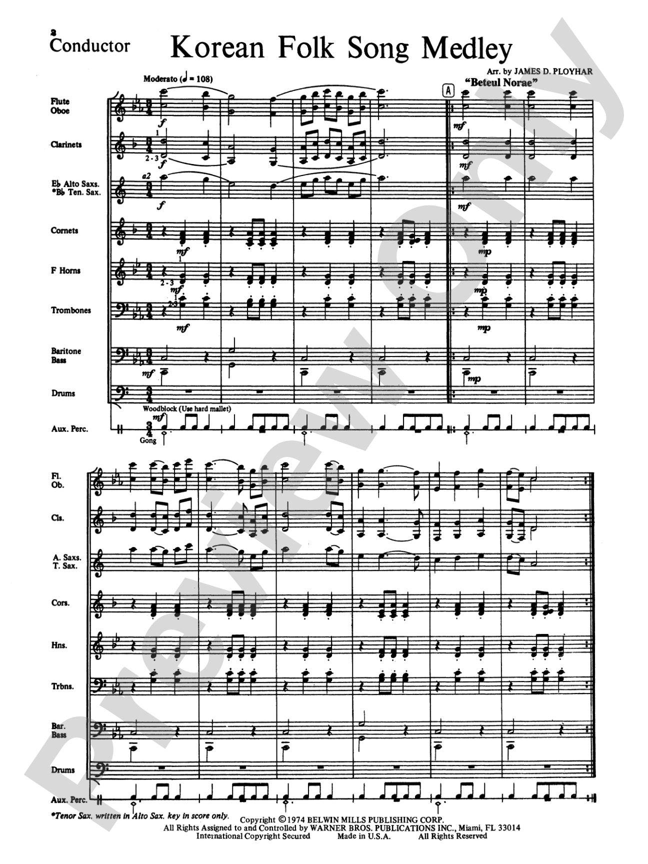 Korean Folk Song Medley: Concert Band Conductor Score & Parts