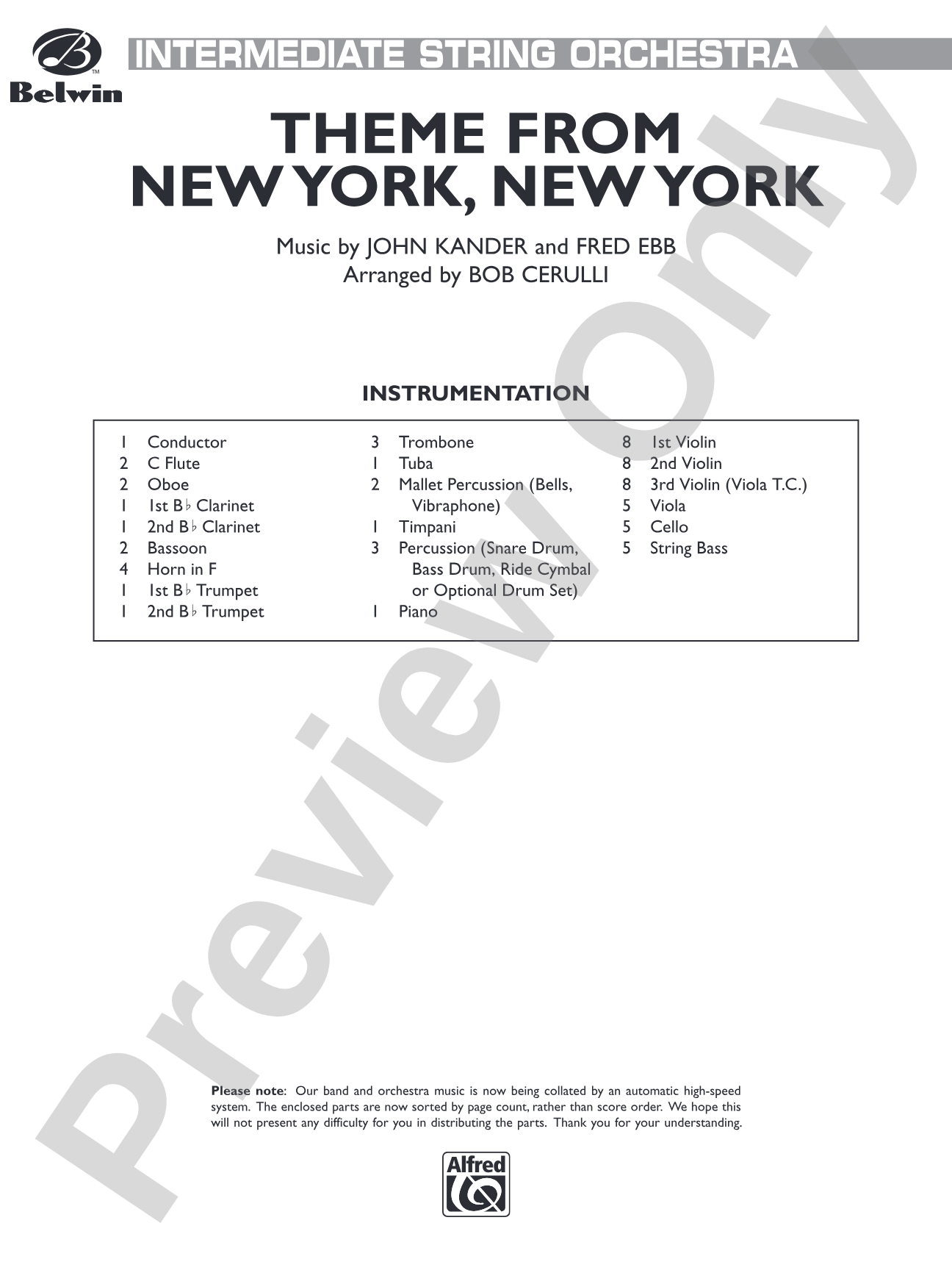 New York, New York, Theme from: Full Orchestra Conductor Score & Parts