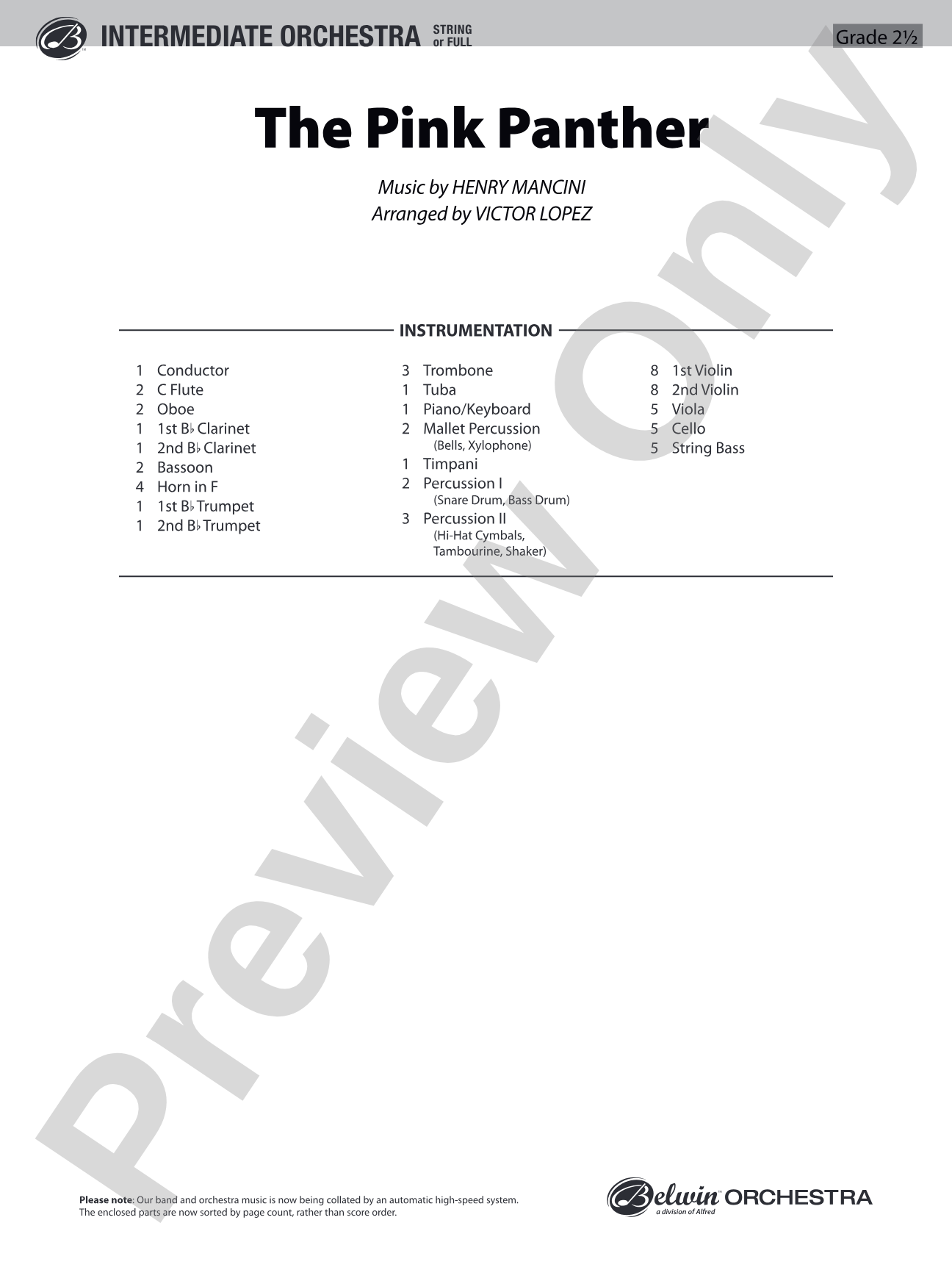 The Pink Panther: Full Orchestra Conductor Score & Parts