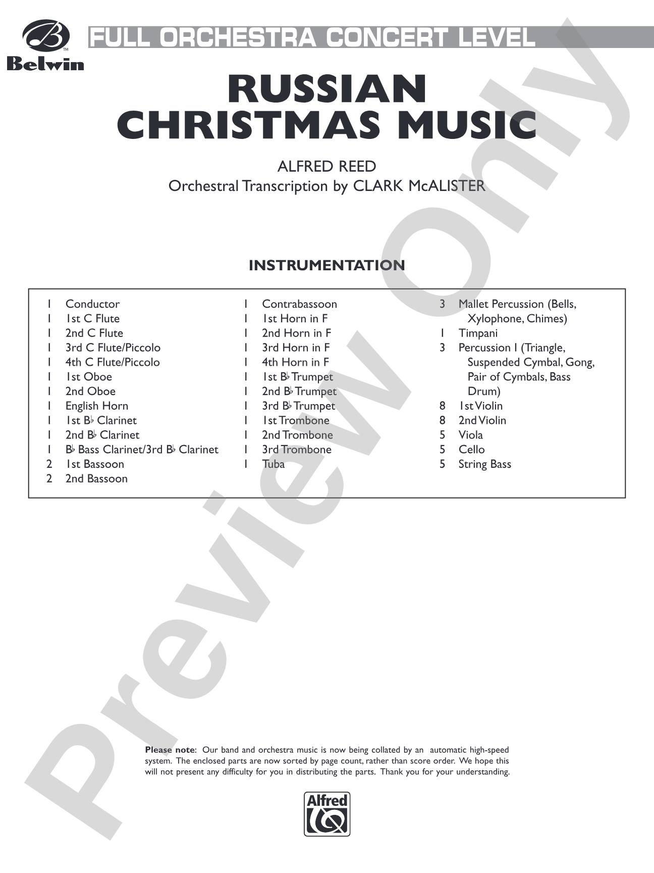 Russian Christmas Music: Full Orchestra Conductor Score & Parts
