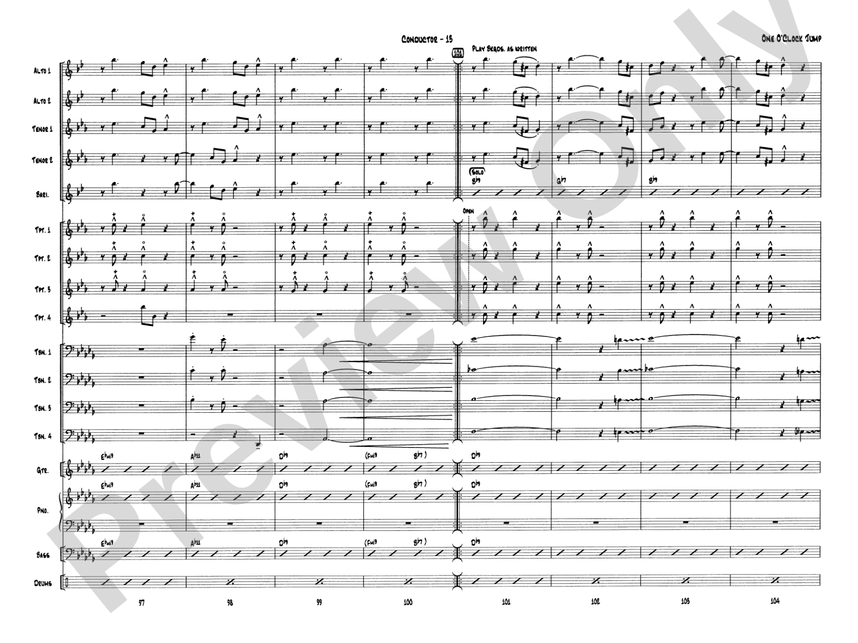One O'Clock Jump: Jazz Ensemble Conductor Score & Parts