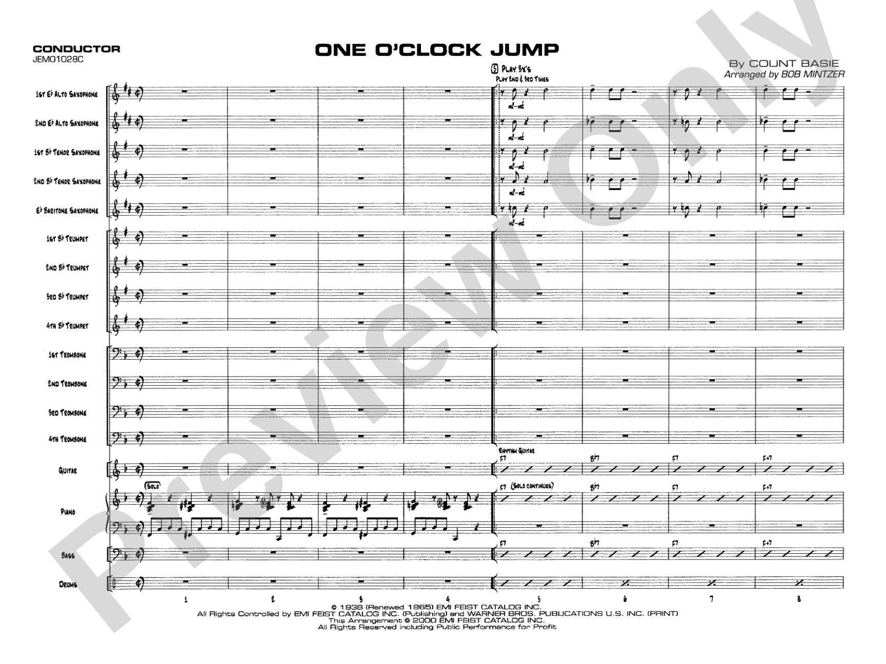 One O'Clock Jump: Jazz Ensemble Conductor Score & Parts