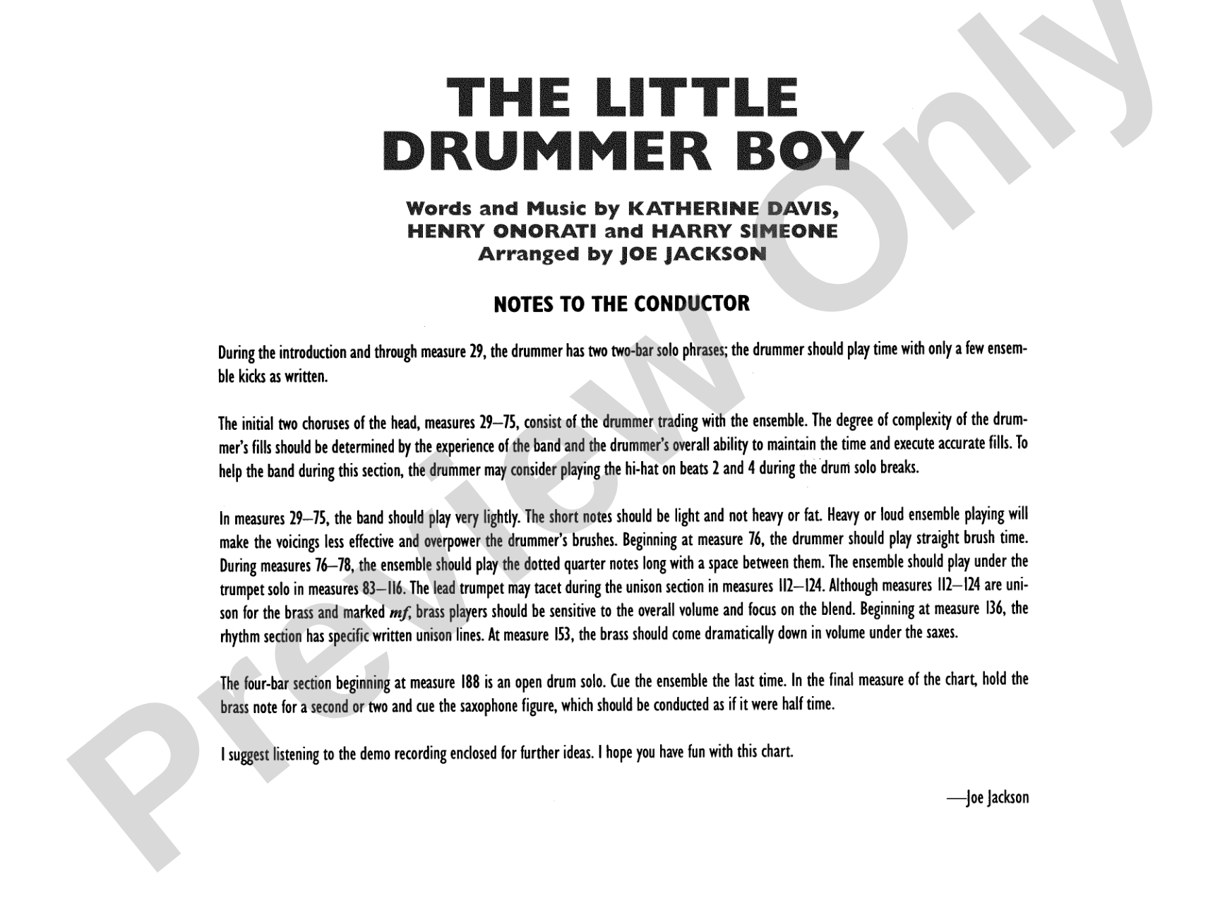 The Little Drummer Boy: Jazz Ensemble Conductor Score & Parts