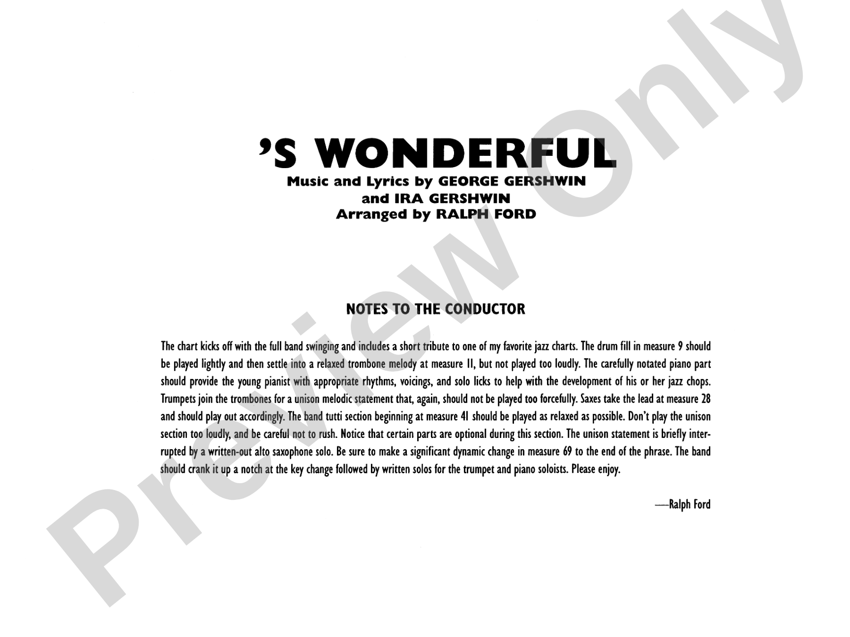 'S Wonderful: Jazz Ensemble Conductor Score & Parts
