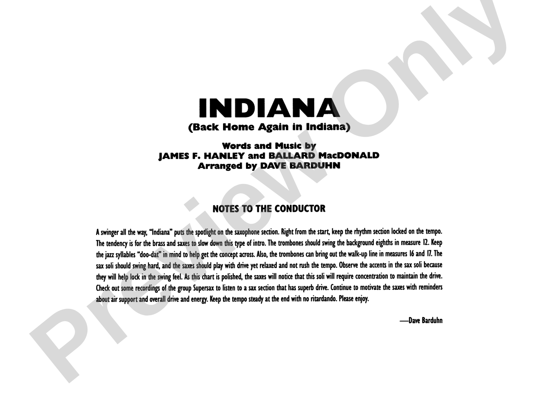 Indiana (Back Home Again in Indiana): Jazz Ensemble Conductor Score & Parts
