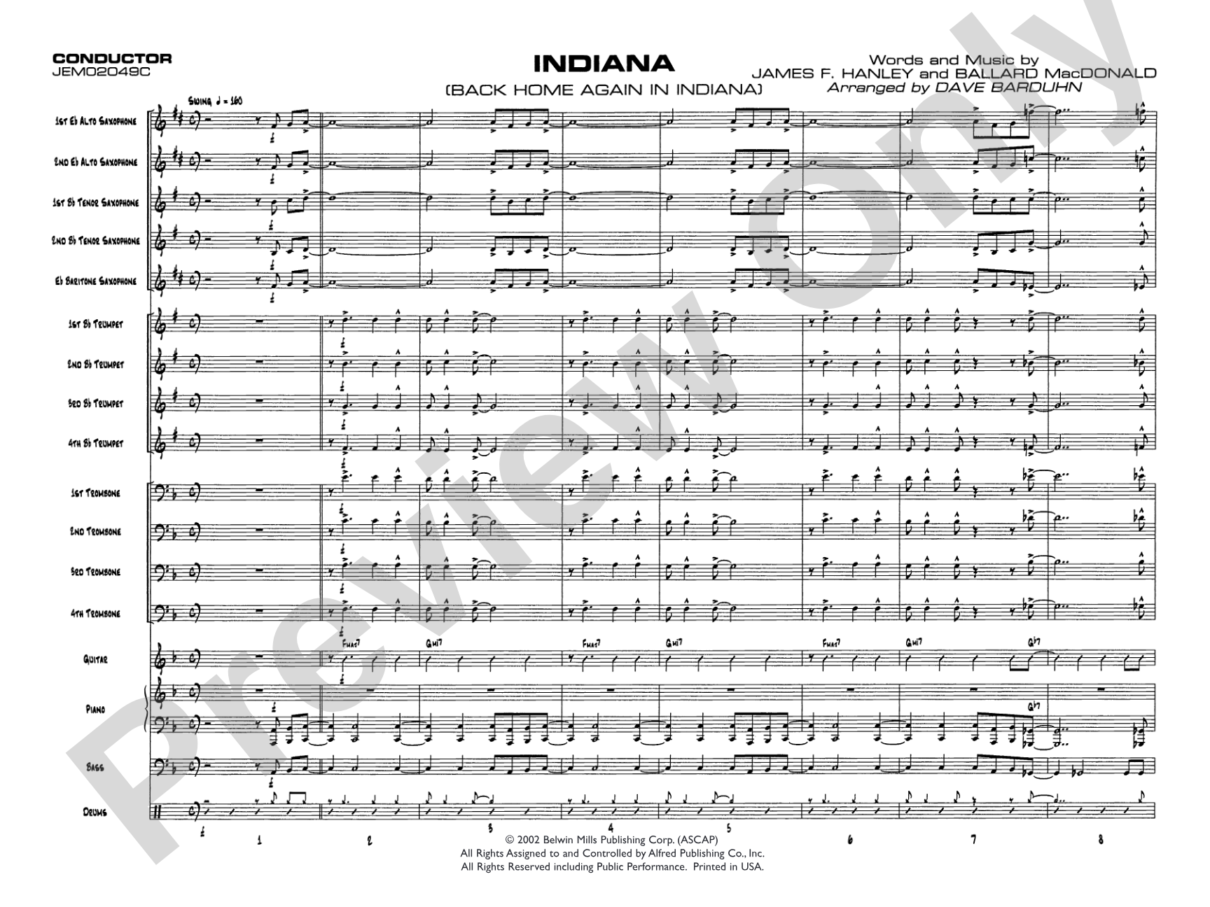 Indiana (Back Home Again in Indiana): Jazz Ensemble Conductor Score & Parts