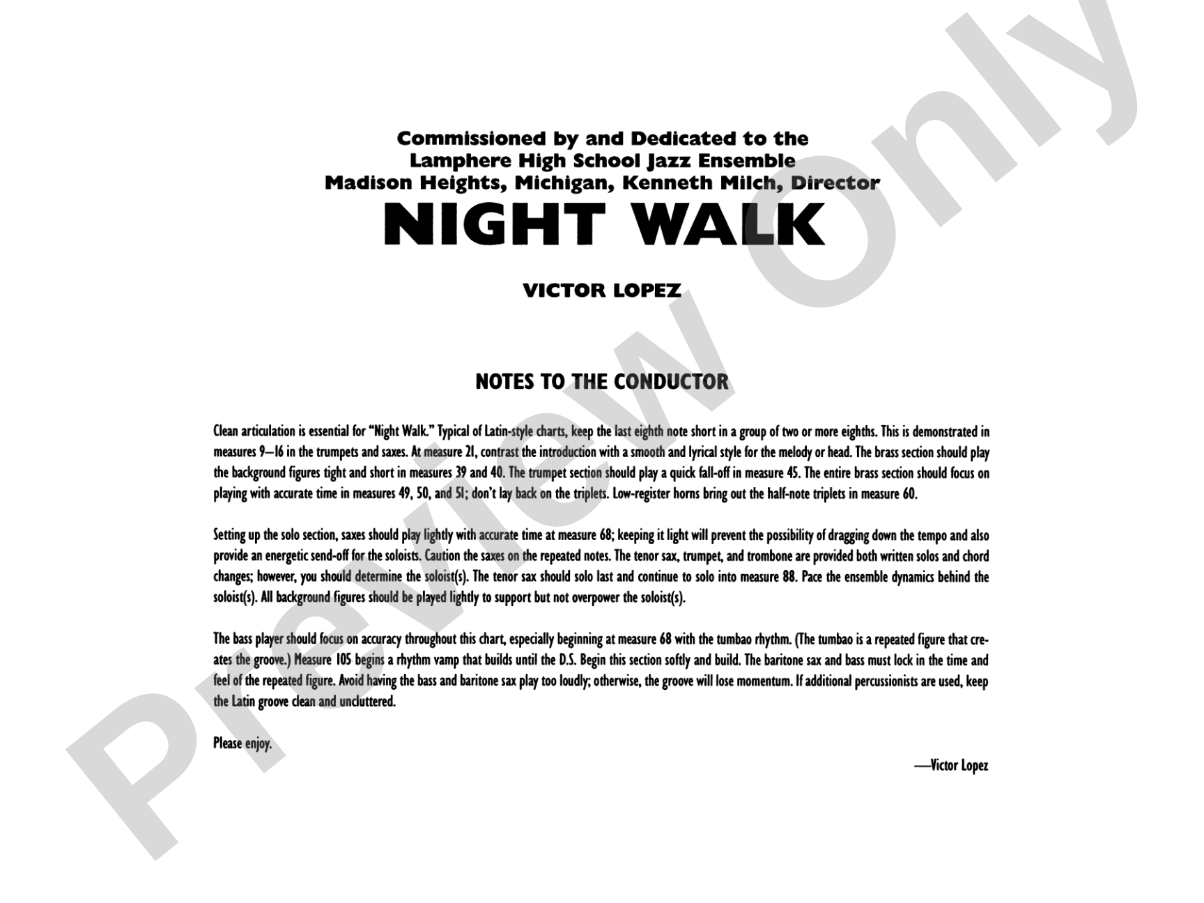 Night Walk: Jazz Ensemble Conductor Score & Parts