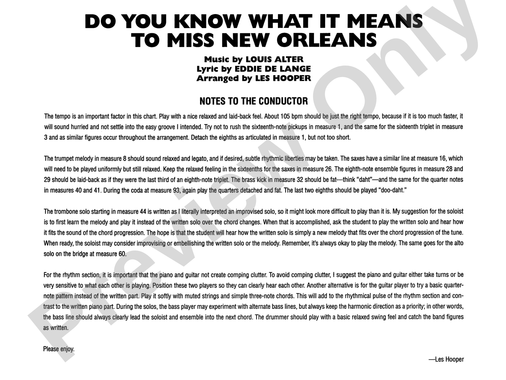 Do You Know What It Means to Miss New Orleans: Jazz Ensemble Conductor Score & Parts