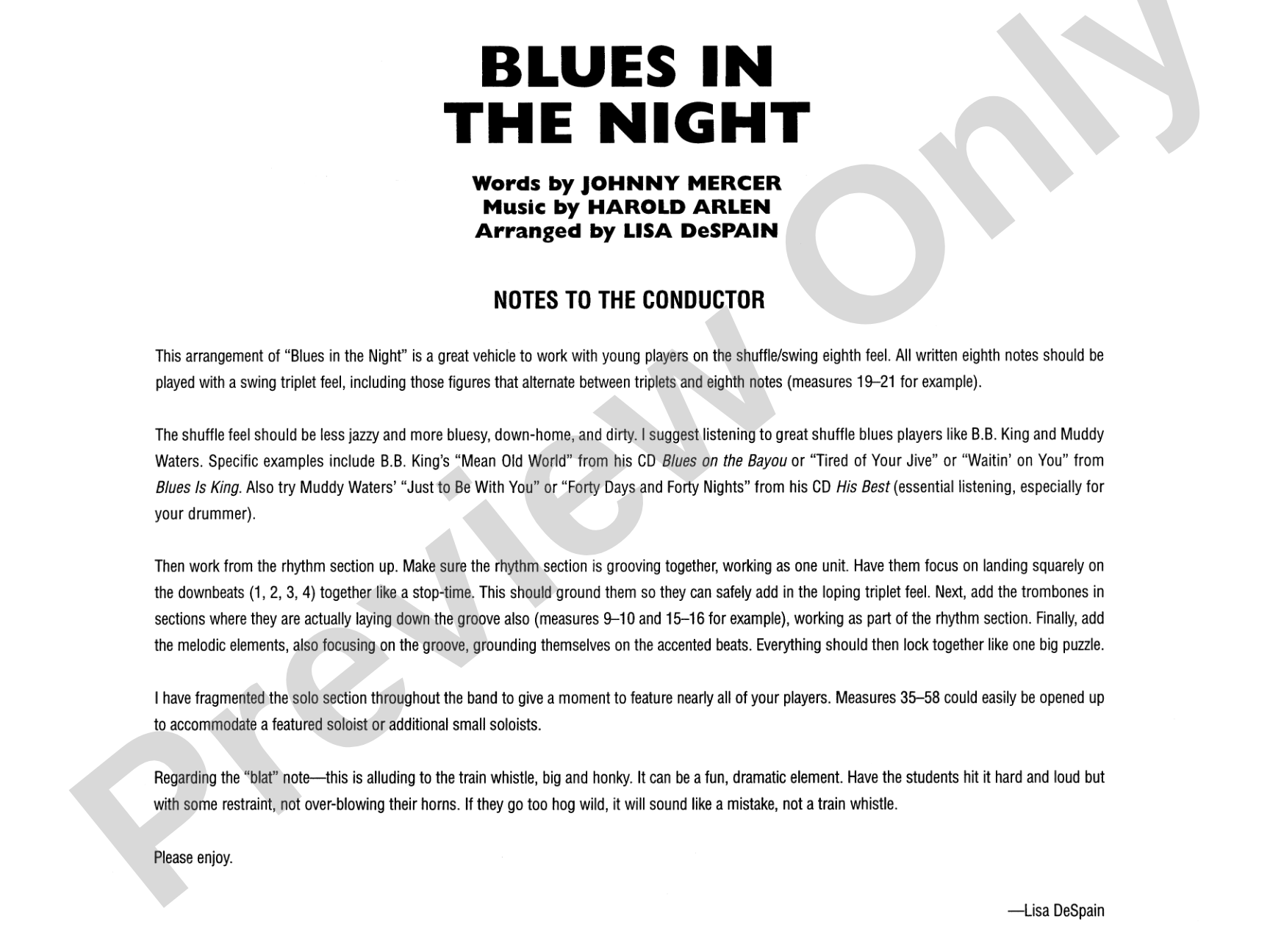 Blues in the Night: Jazz Ensemble Conductor Score & Parts