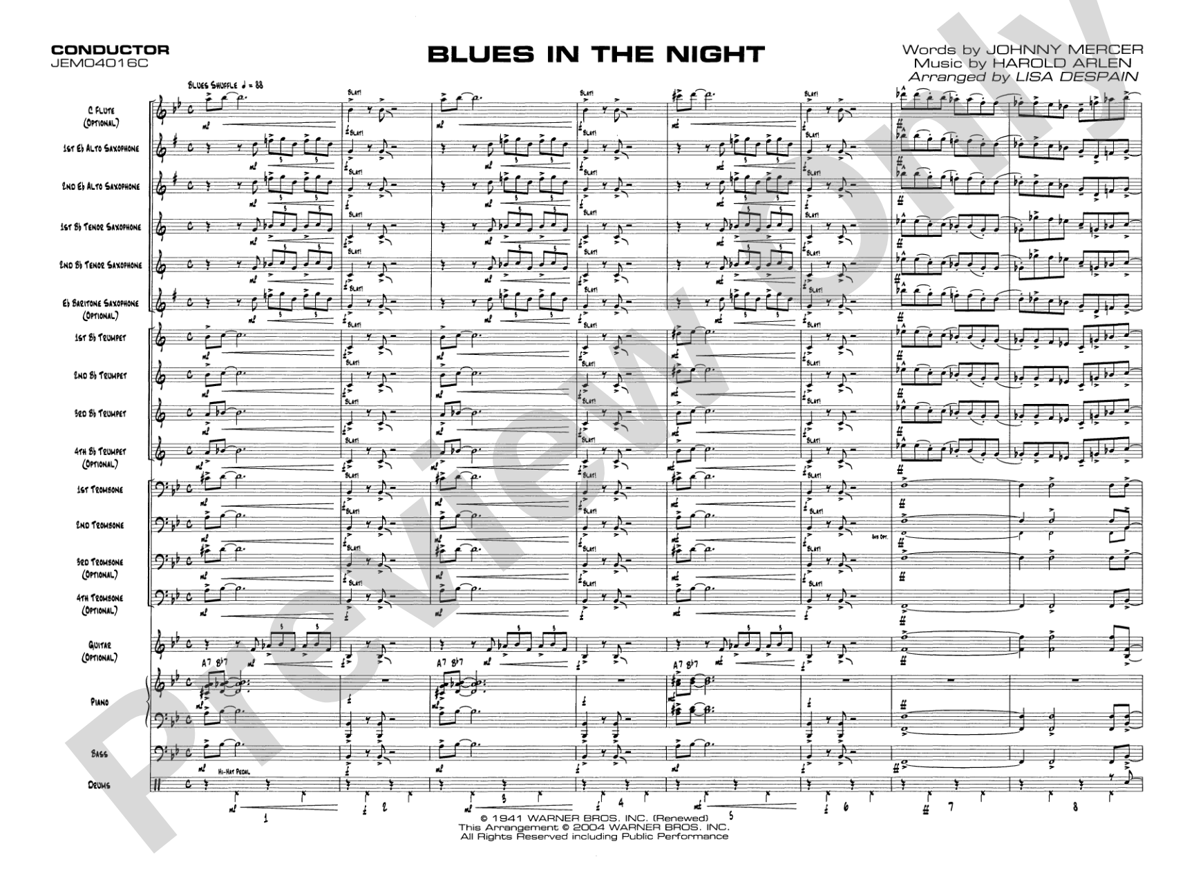 Blues in the Night: Jazz Ensemble Conductor Score & Parts