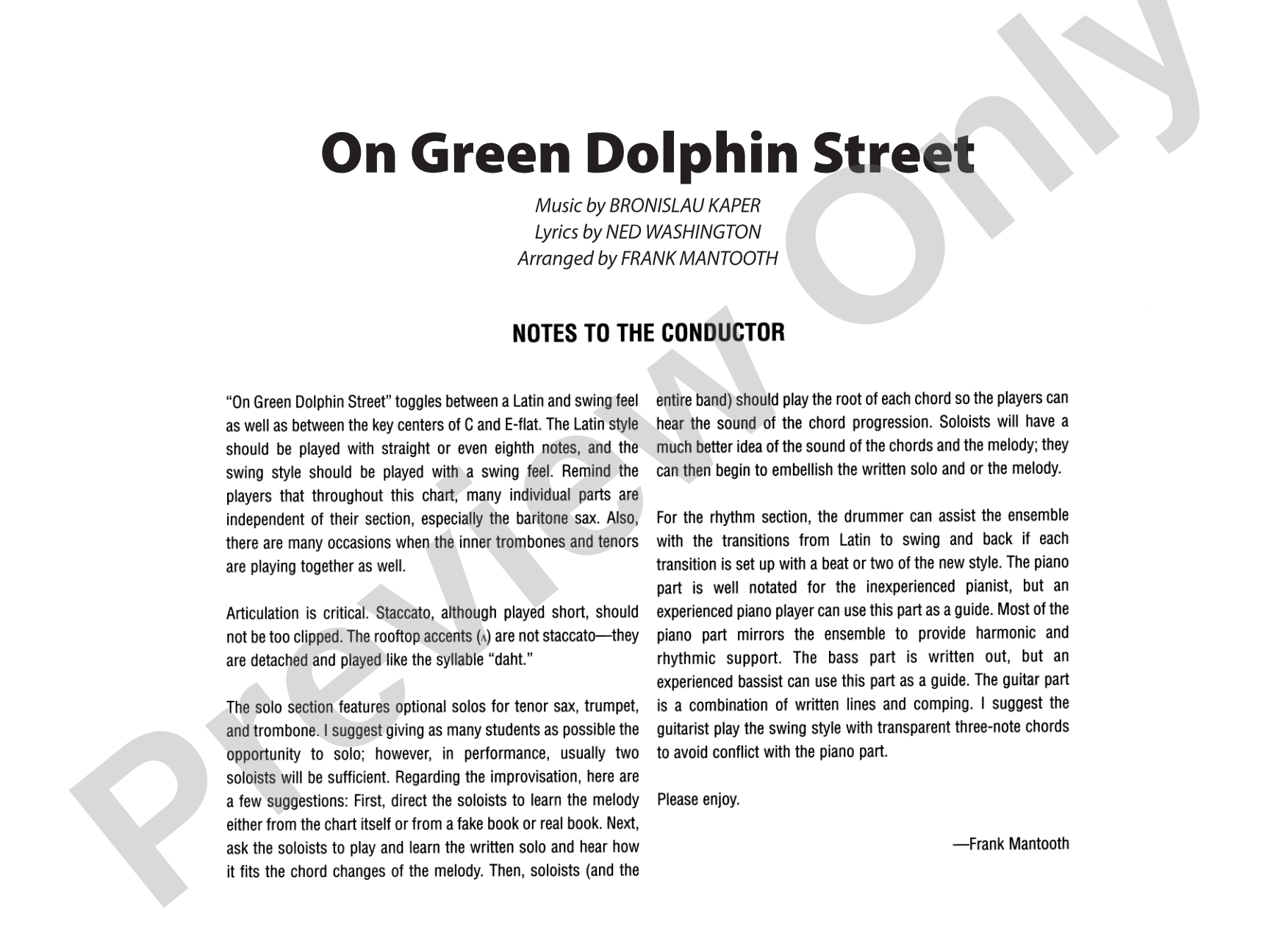 On Green Dolphin Street: Jazz Ensemble Conductor Score & Parts