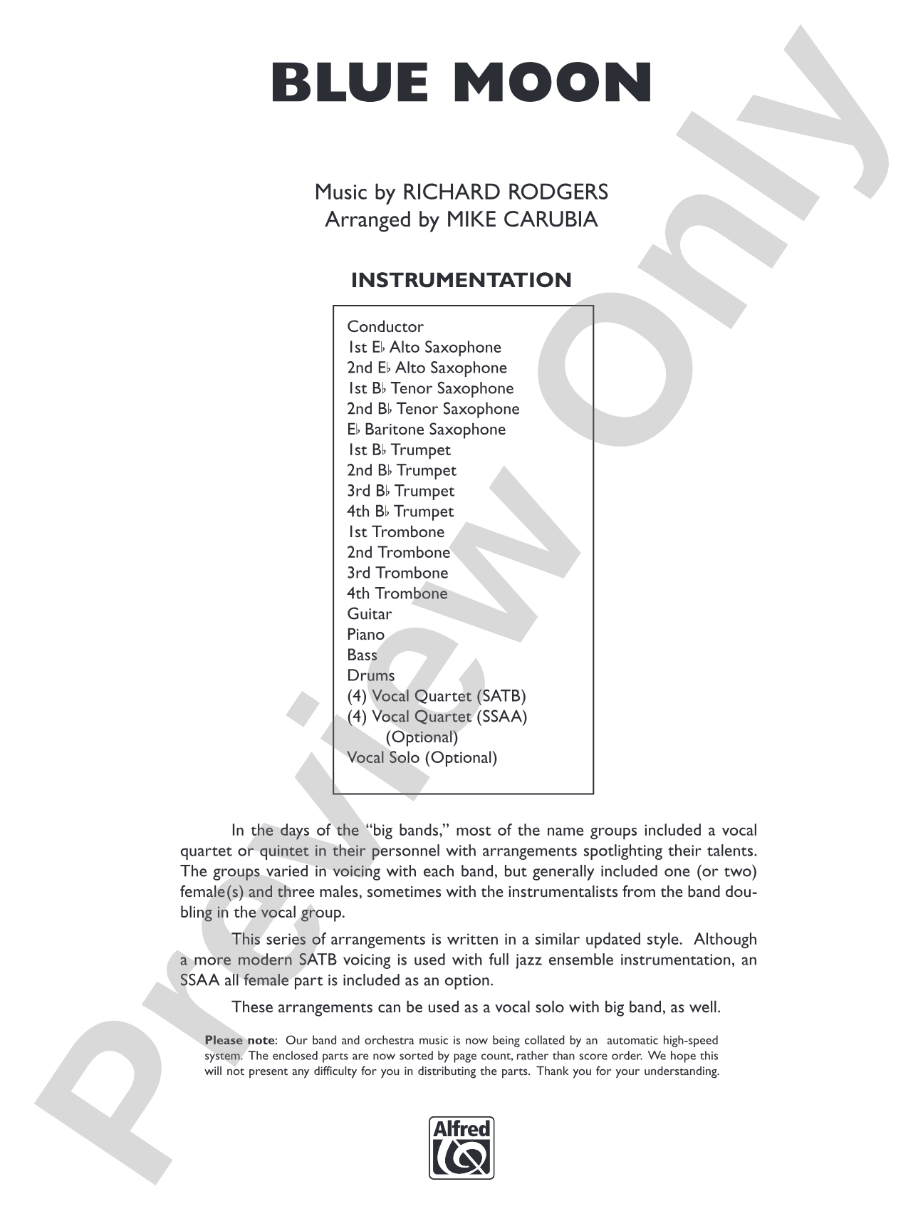 Blue Moon: Vocal Solo with Jazz Ensemble Conductor Score & Parts