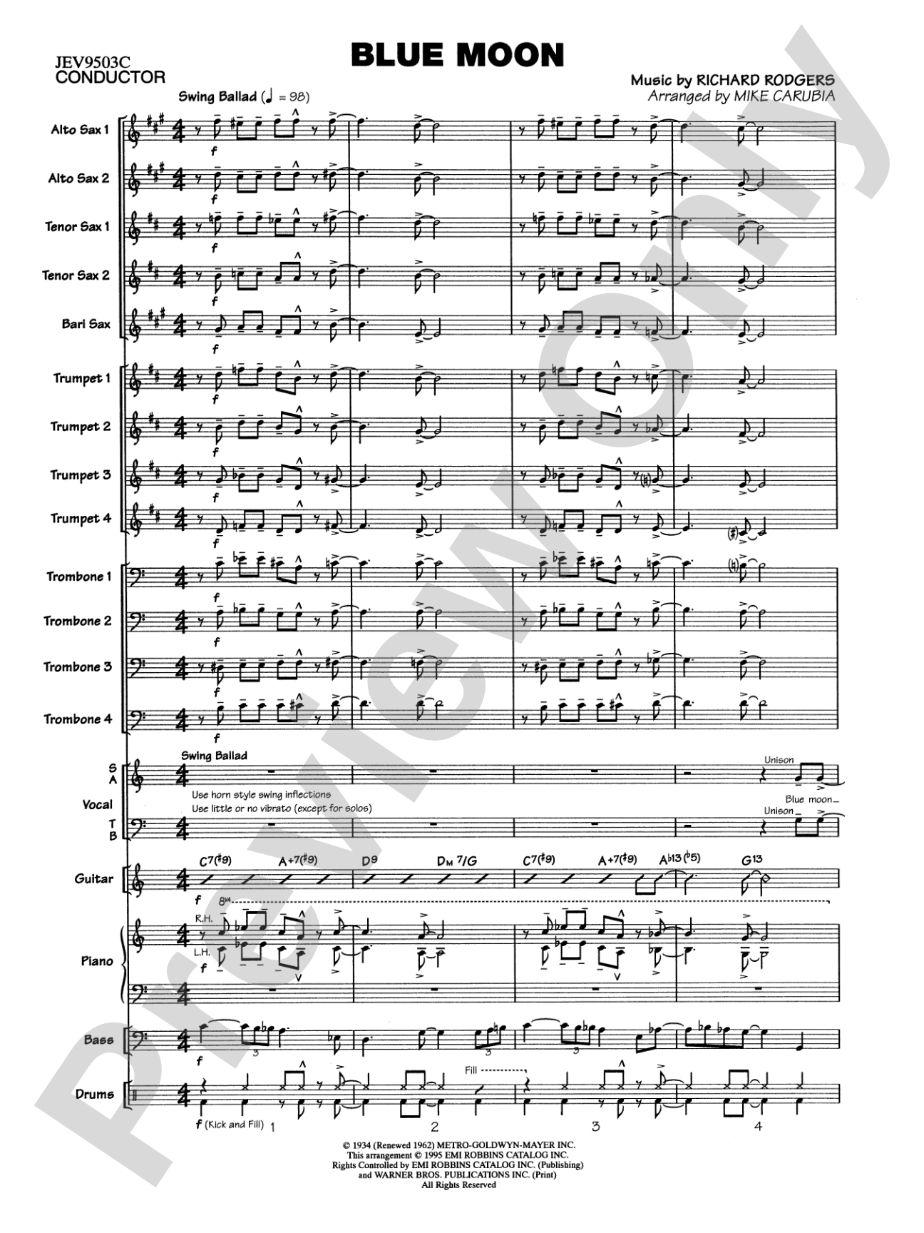 Blue Moon: Vocal Solo with Jazz Ensemble Conductor Score & Parts