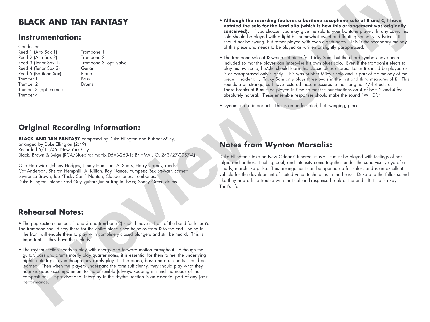 Black and Tan Fantasy: Jazz Ensemble Conductor Score & Parts