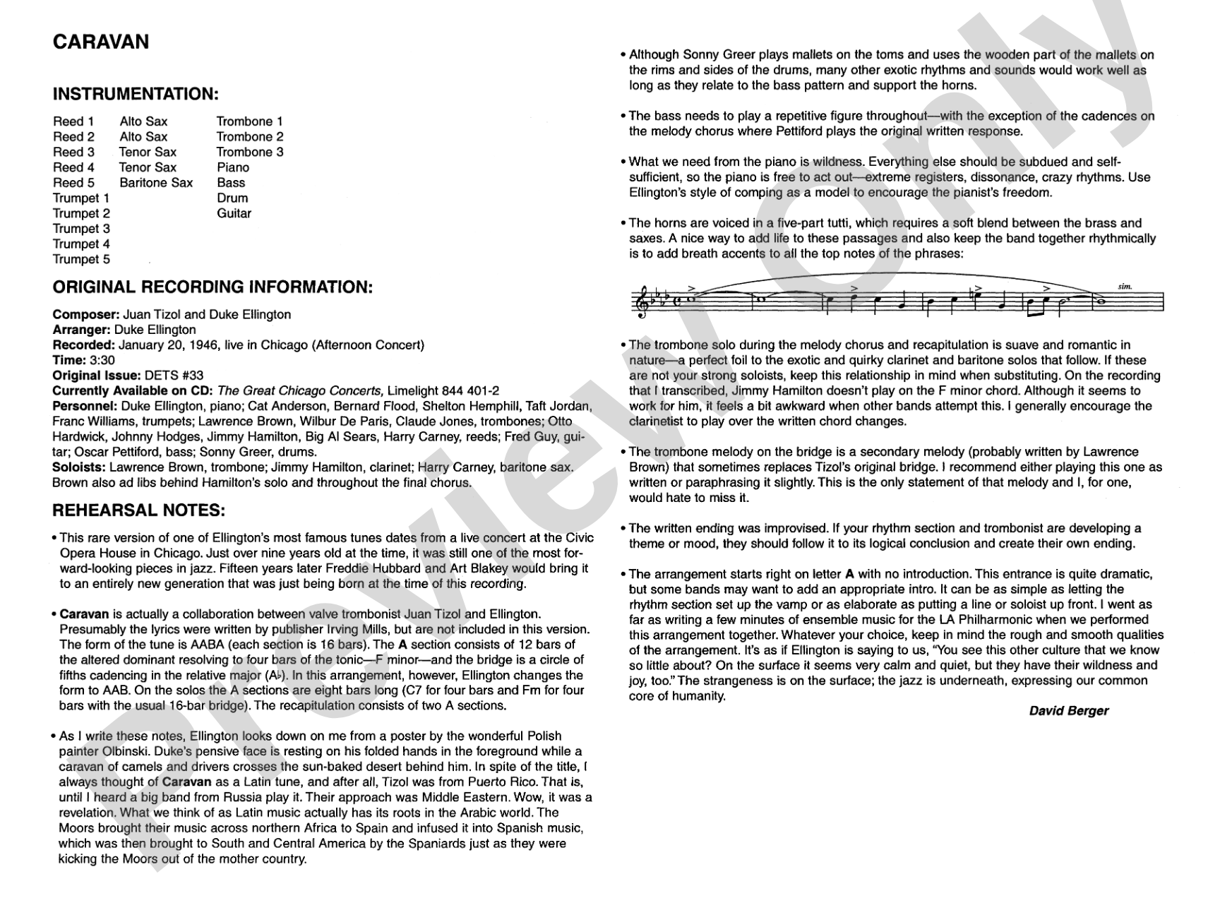 Caravan: Jazz Ensemble Conductor Score & Parts