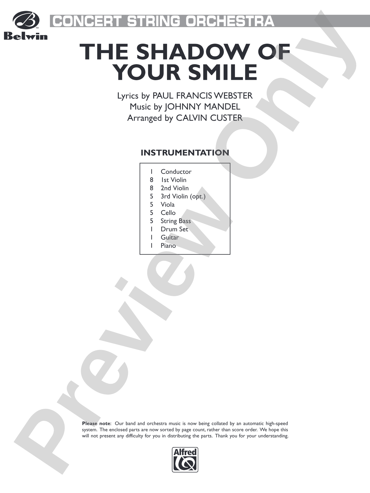 The Shadow of Your Smile (from The Sandpiper): String Orchestra Conductor Score & Parts