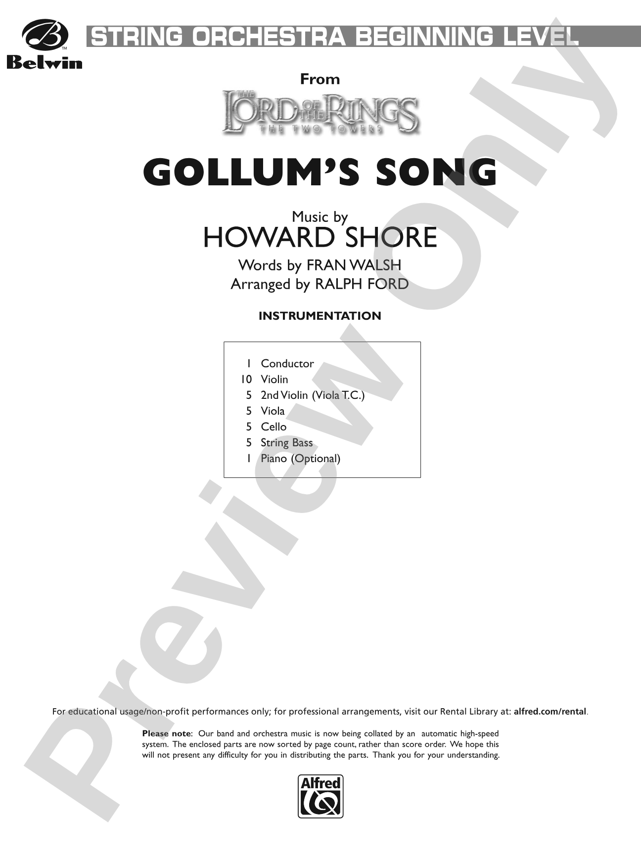 Gollum's Song (from The Lord of the Rings: The Two Towers): String Orchestra Conductor Score & Parts