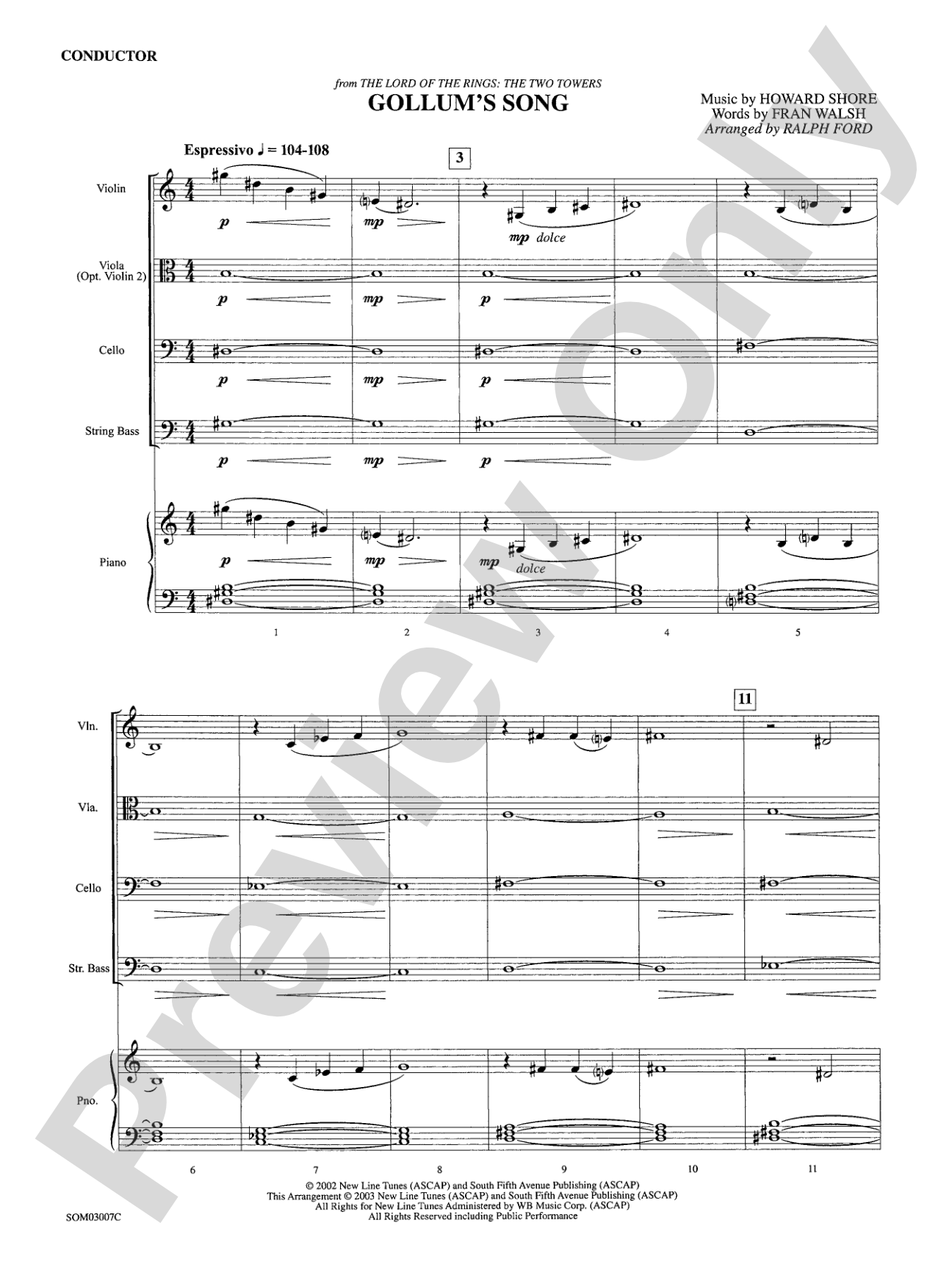 Gollum's Song (from The Lord of the Rings: The Two Towers): String Orchestra Conductor Score & Parts