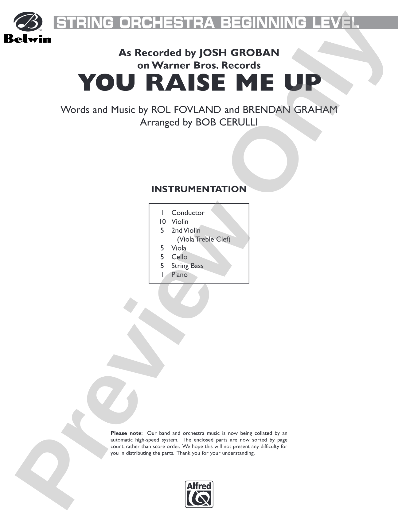 You Raise Me Up (as recorded by Josh Groban): String Orchestra Conductor Score & Parts