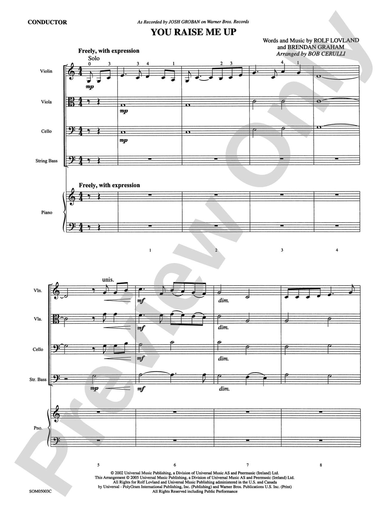 You Raise Me Up (as recorded by Josh Groban): String Orchestra Conductor Score & Parts