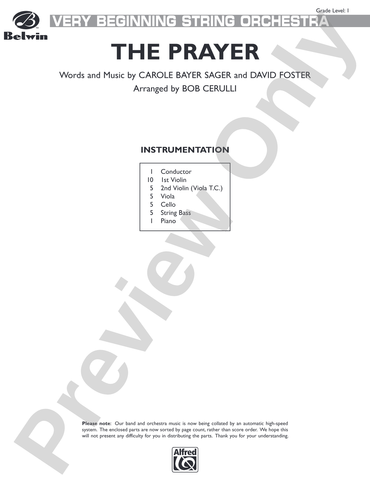 The Prayer: String Orchestra Conductor Score & Parts