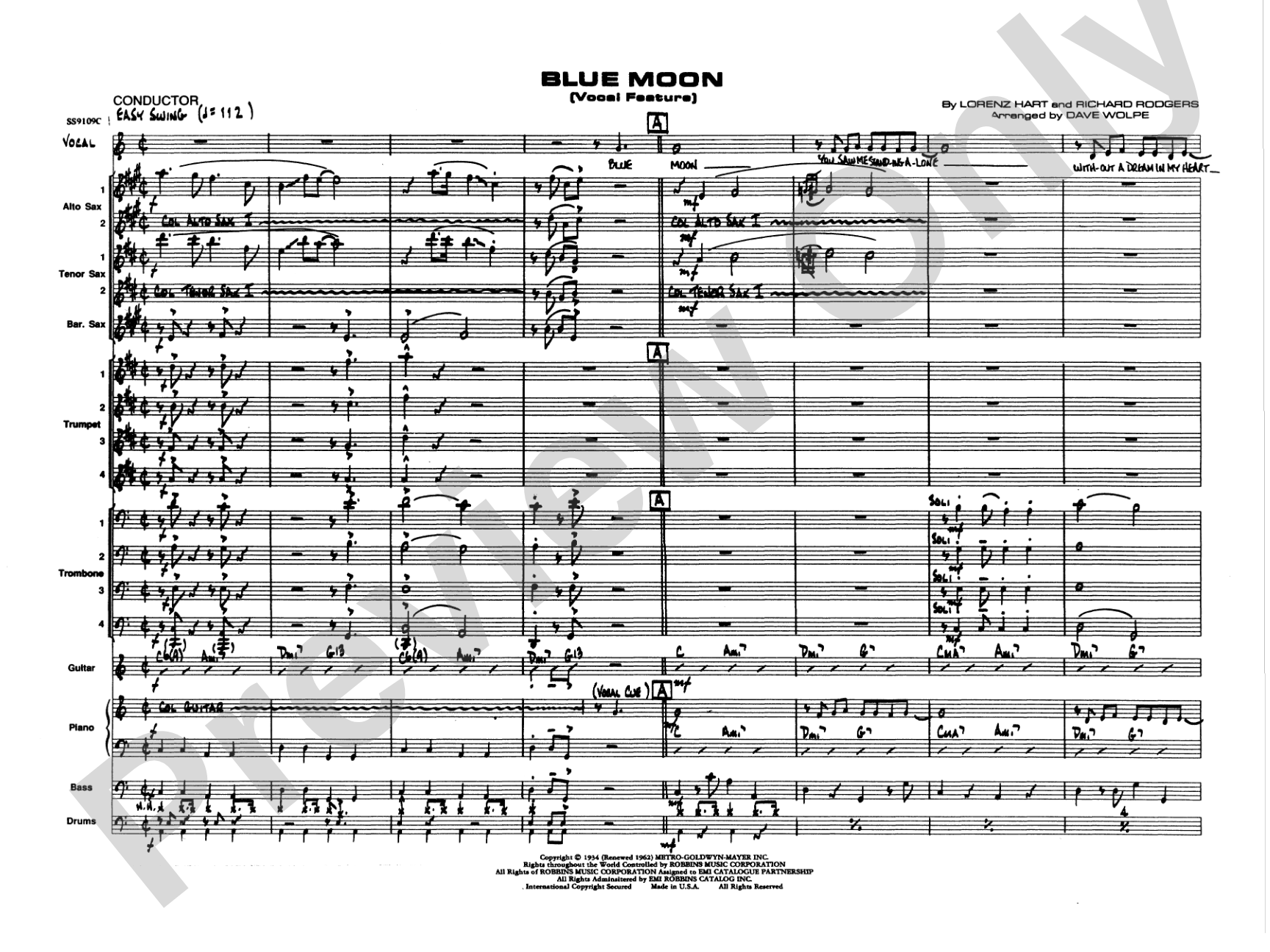 Blue Moon: Vocal Solo with Jazz Ensemble Conductor Score & Parts